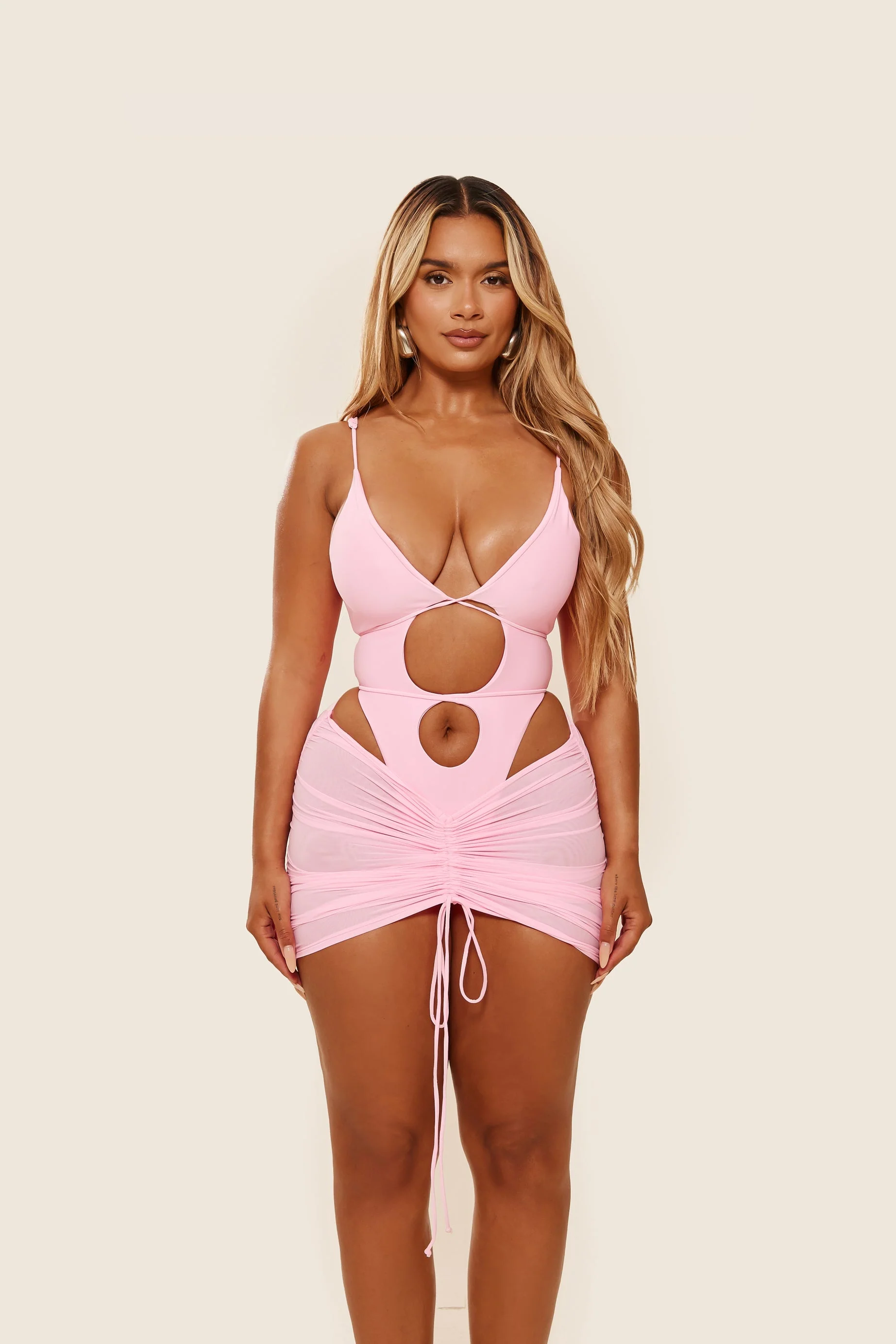 Mesh Ruched Coverup Skirt in Baby Pink - Image 4