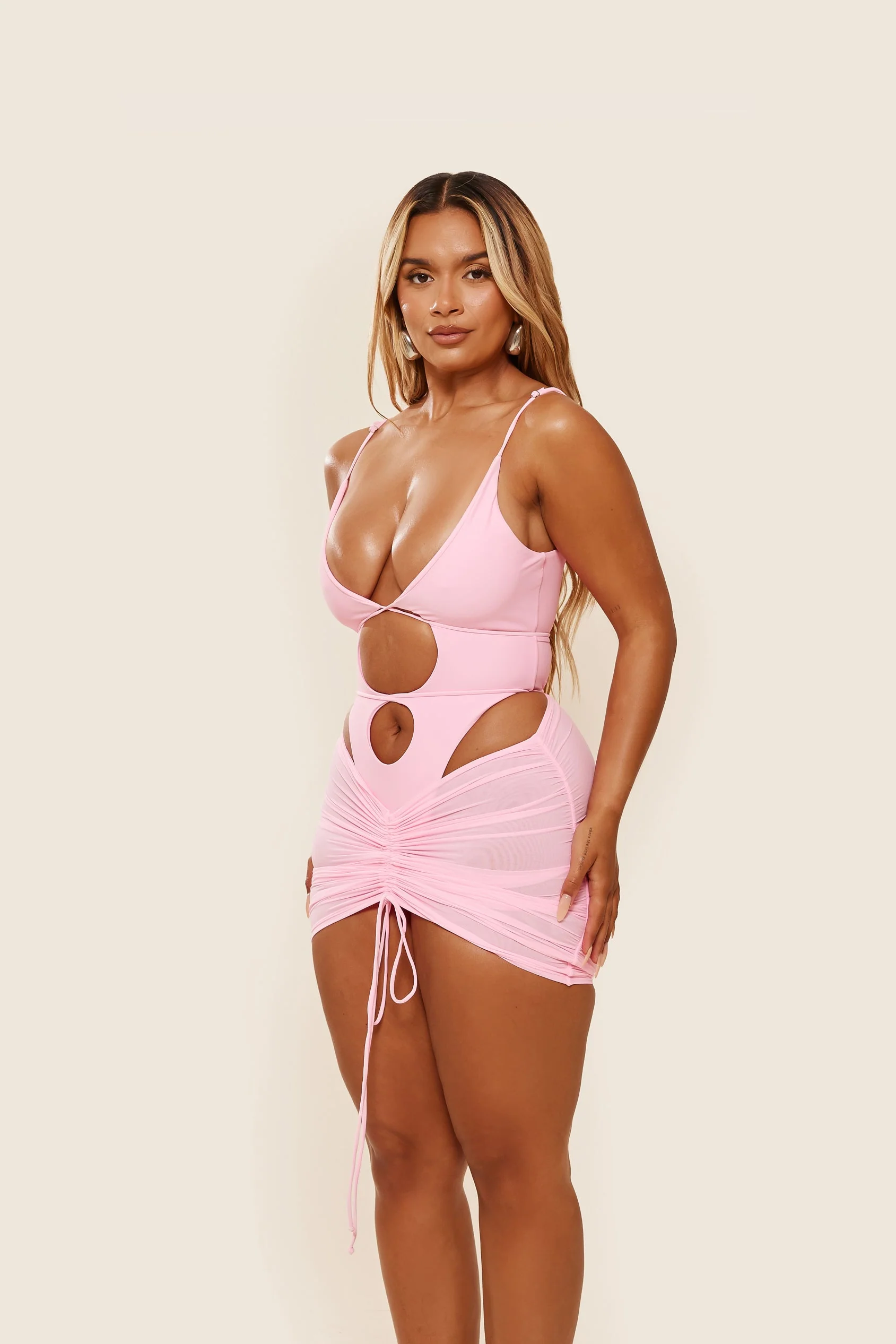 Mesh Ruched Coverup Skirt in Baby Pink - Image 5
