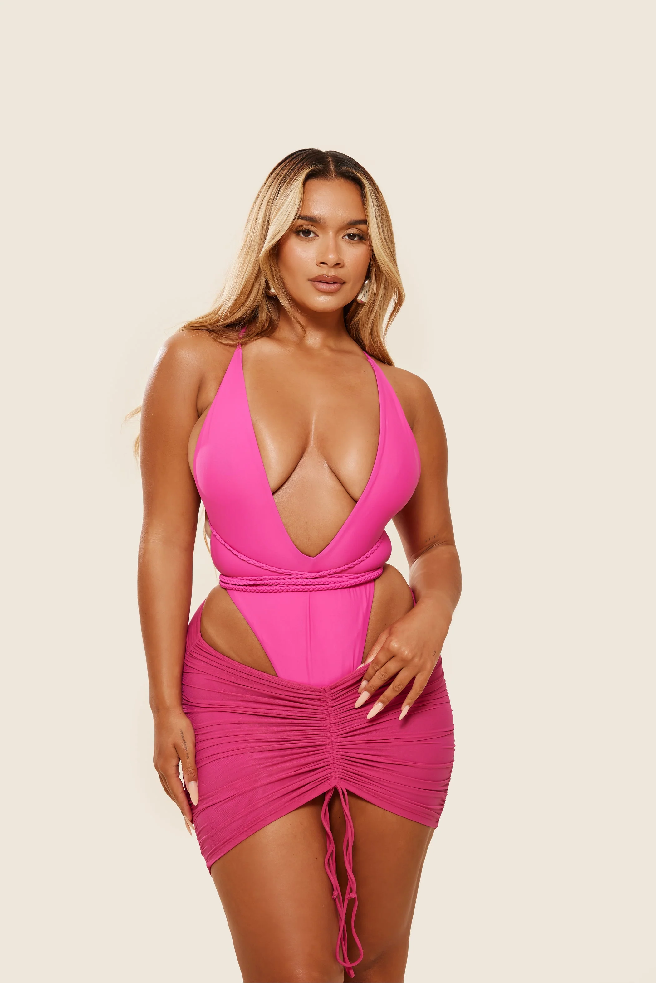 Mesh Ruched Coverup Skirt in Fuchsia - Image 6
