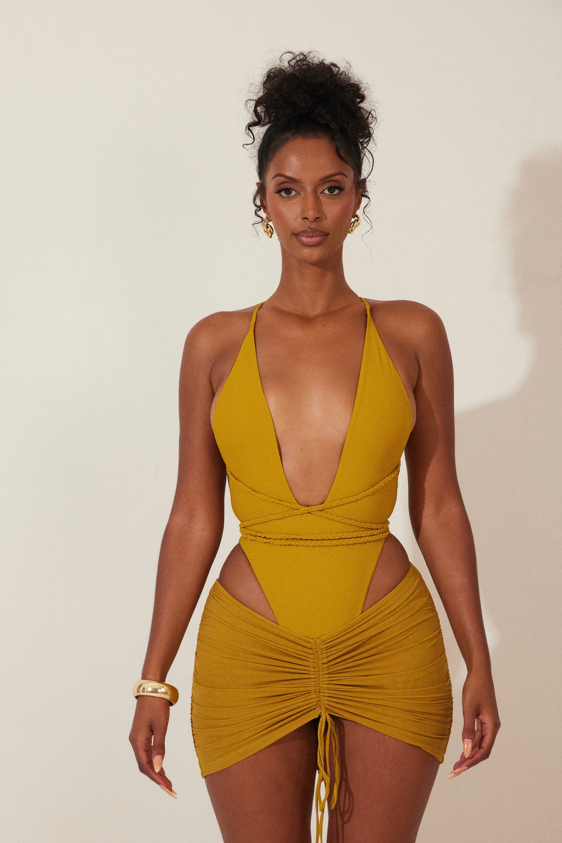 Mesh Ruched Coverup Skirt in Mustard - Image 3
