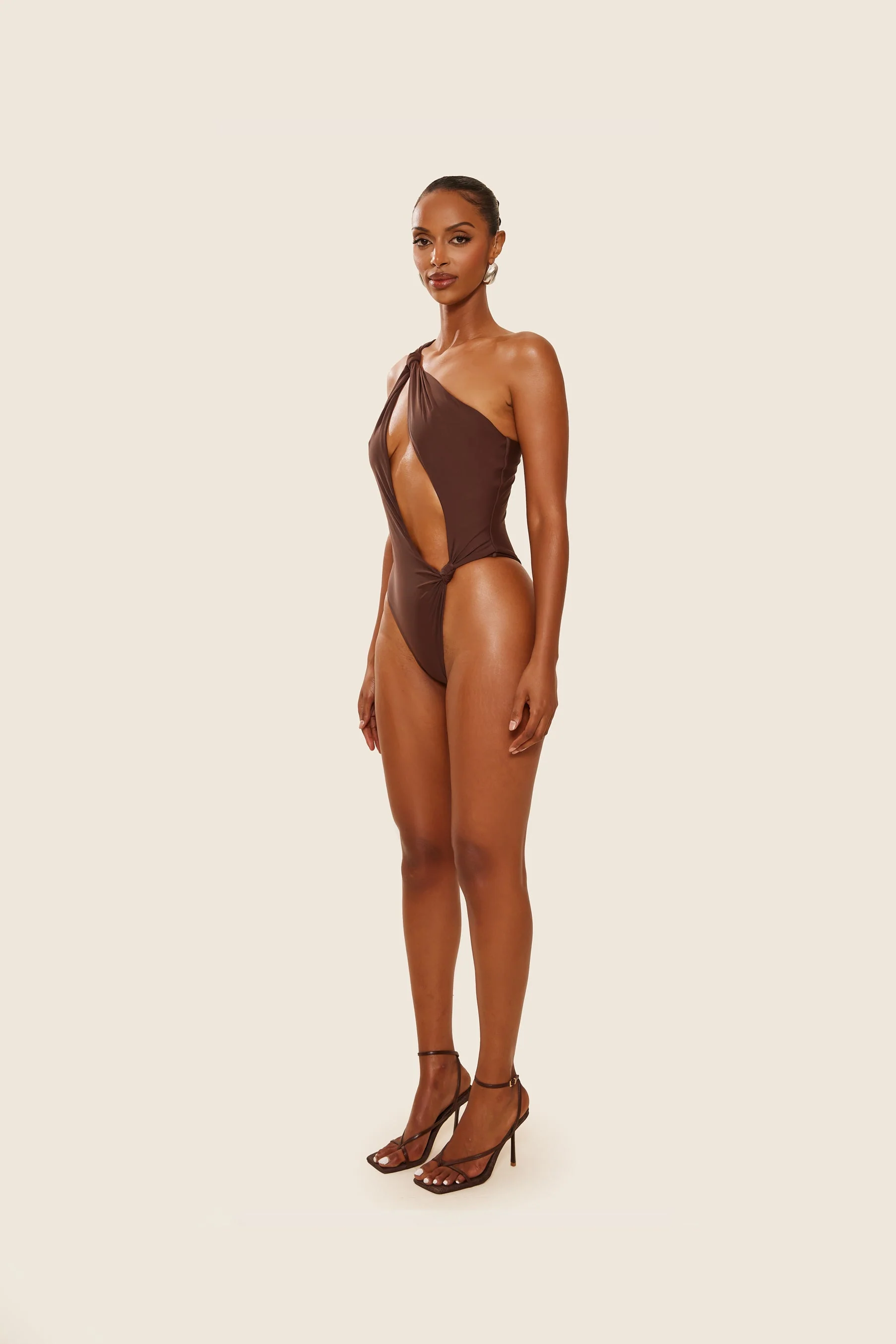 The Asymmetric Knot Detail Swimsuit in Brown - Image 3