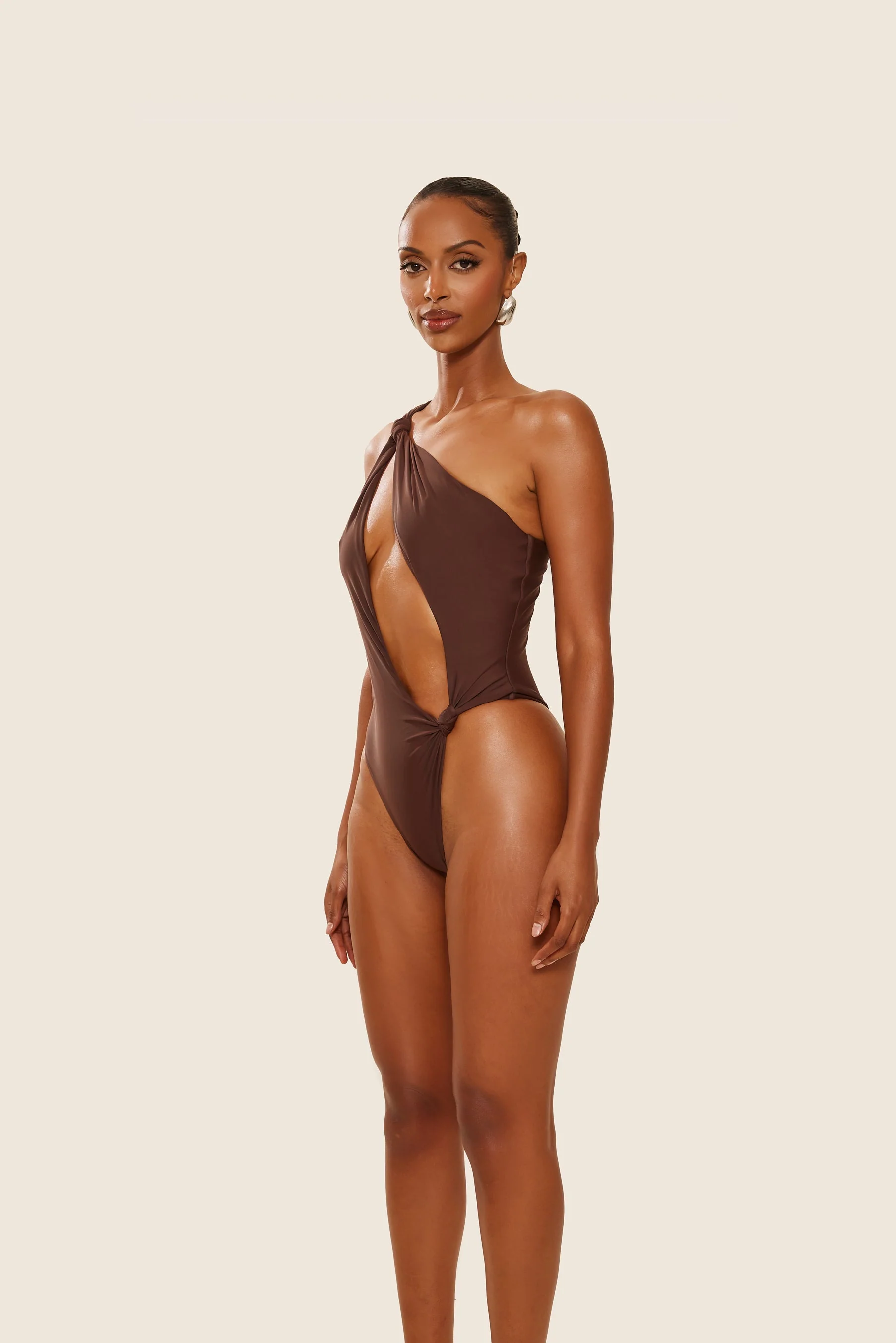 The Asymmetric Knot Detail Swimsuit in Brown - Image 4