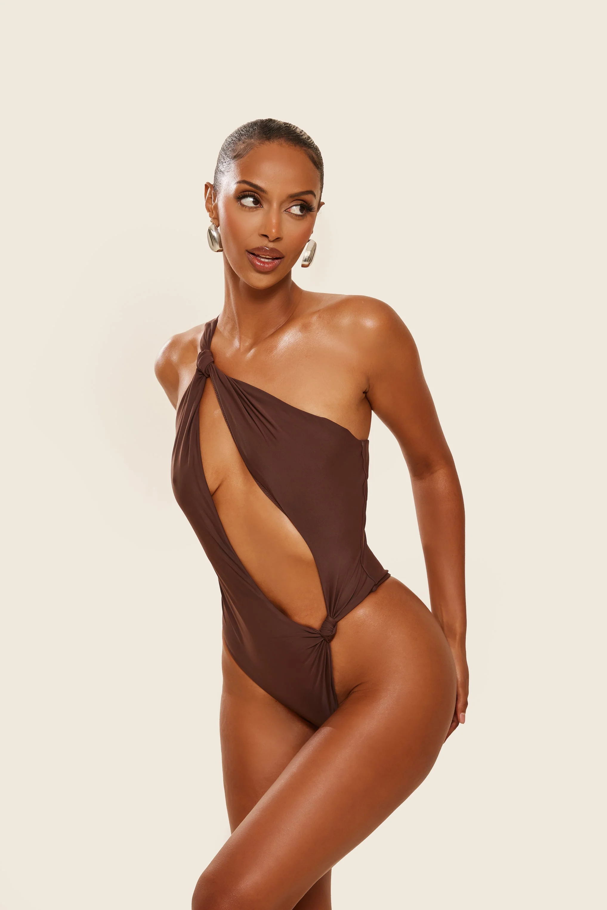 The Asymmetric Knot Detail Swimsuit in Brown - Image 7