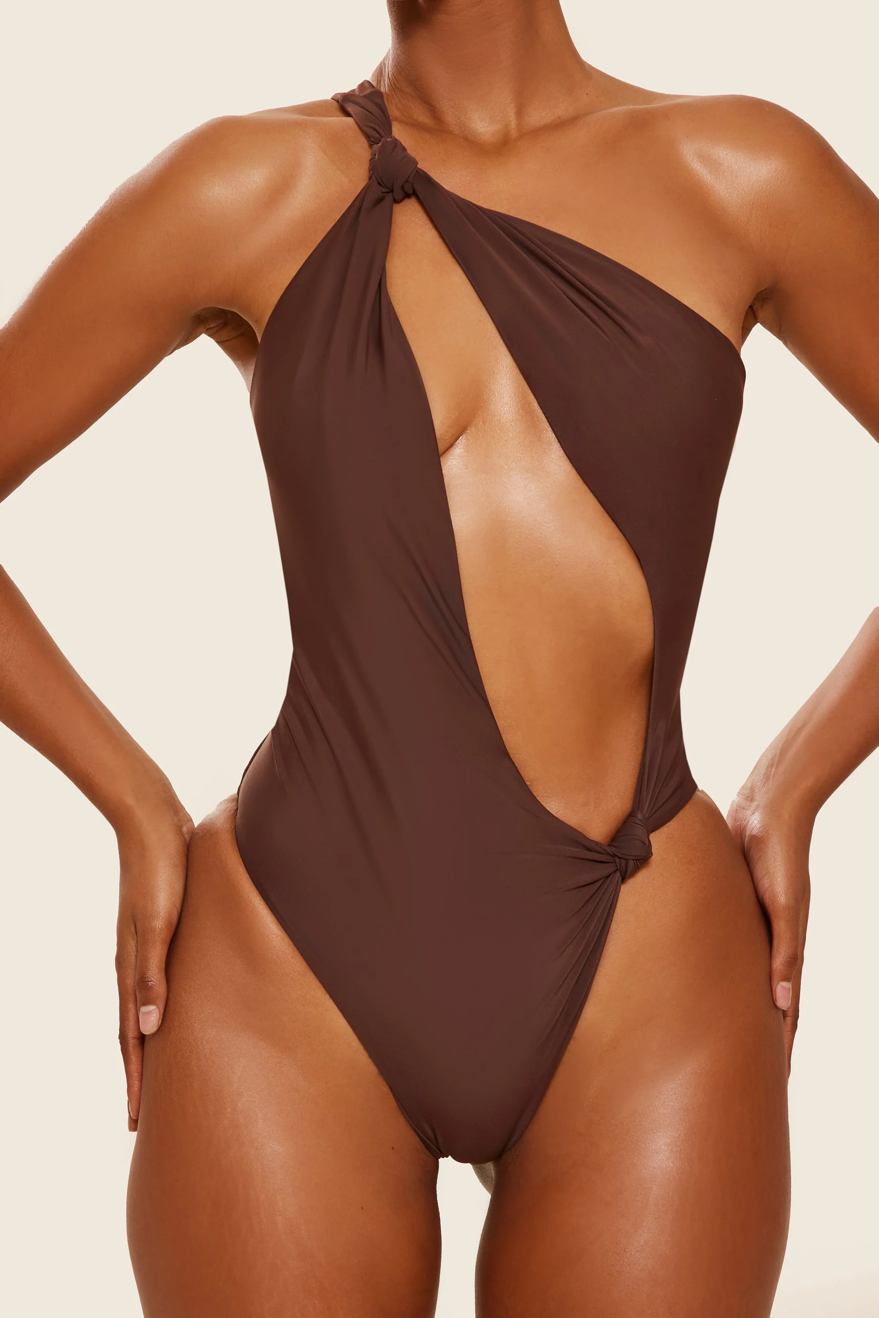 The Asymmetric Knot Detail Swimsuit in Brown - Image 9