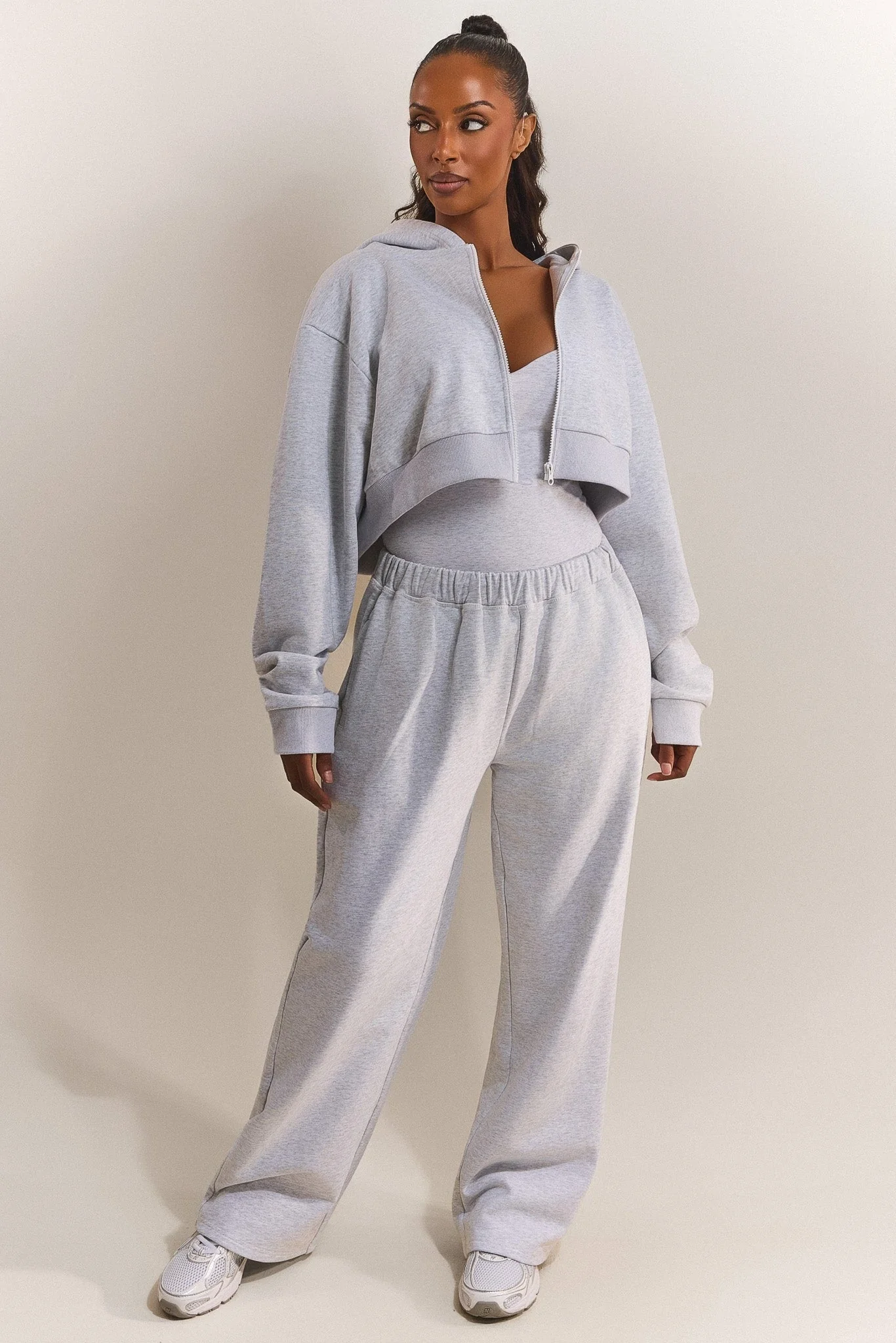 The Basic Crop Zip Hoodie in Grey Marl - Image 5