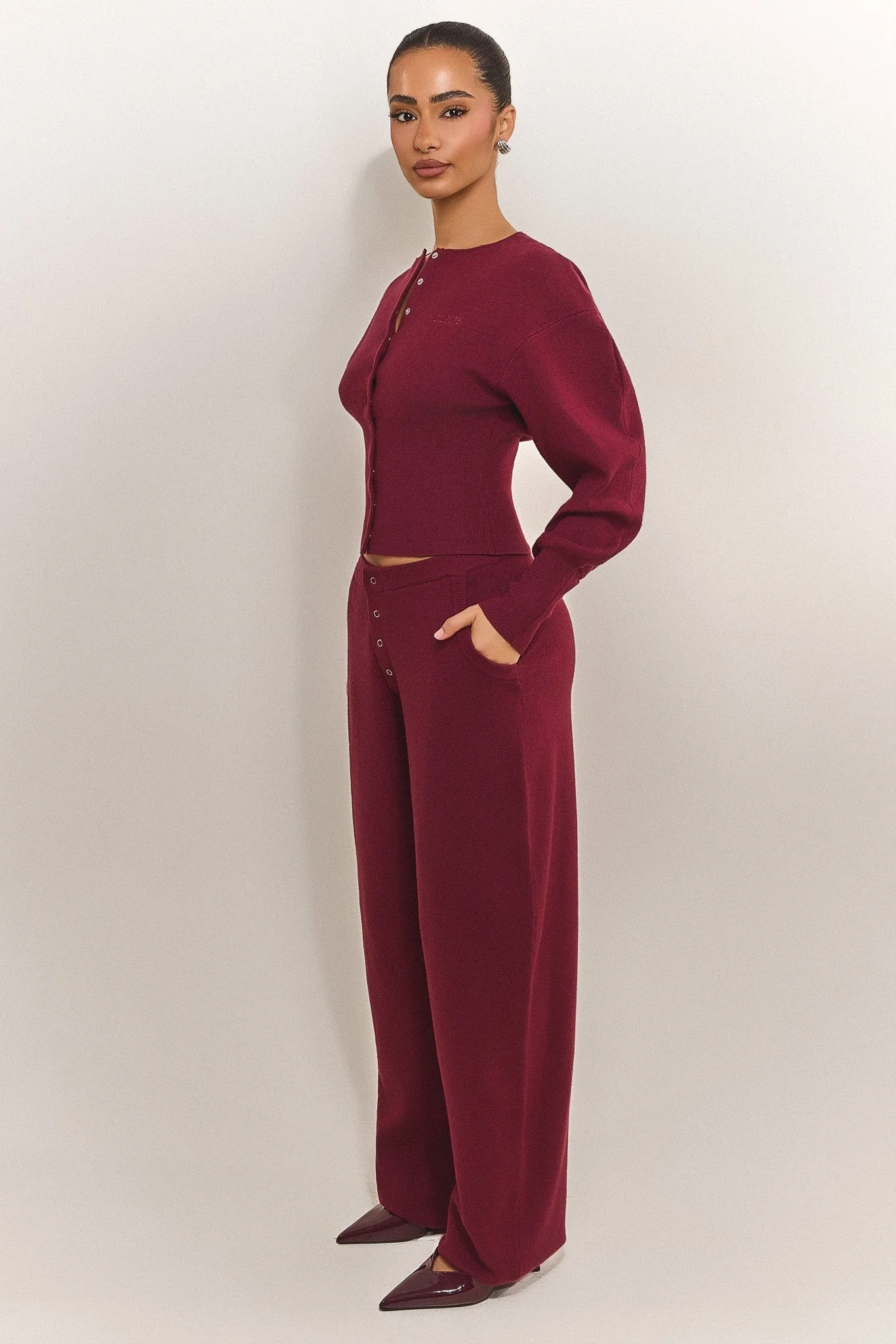 The Knit Button Up Cardigan in Burgundy - Image 3