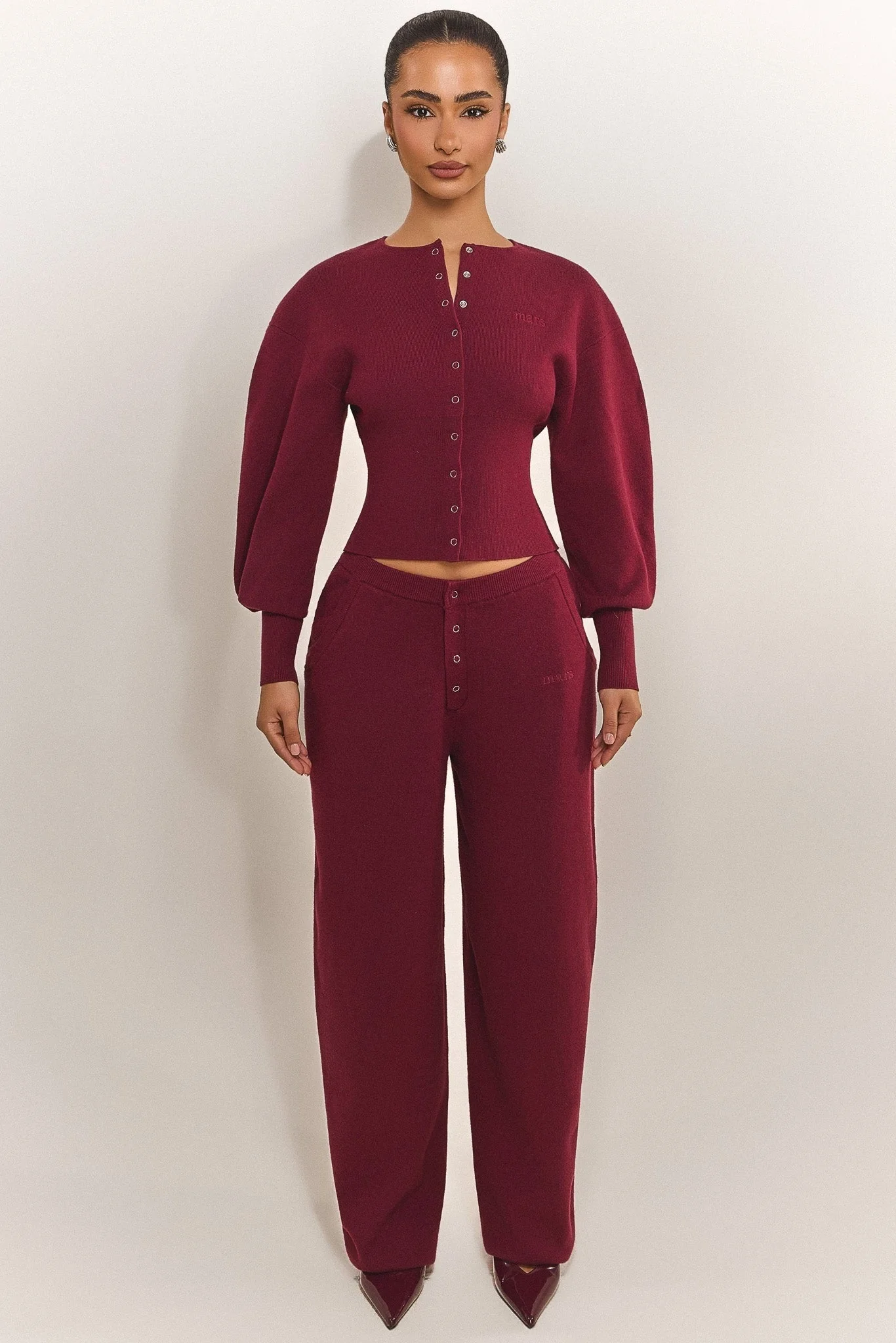 The Knit Button Up Cardigan in Burgundy - Image 5