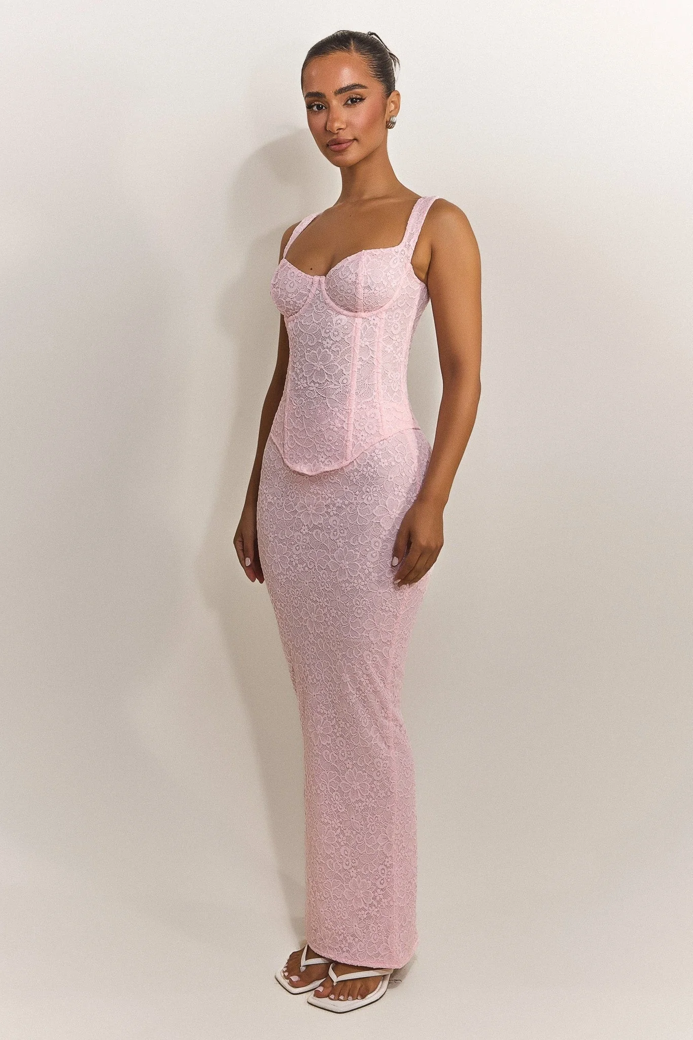 The Cinched Lace Corset Maxi Set in Baby Pink - Image 3