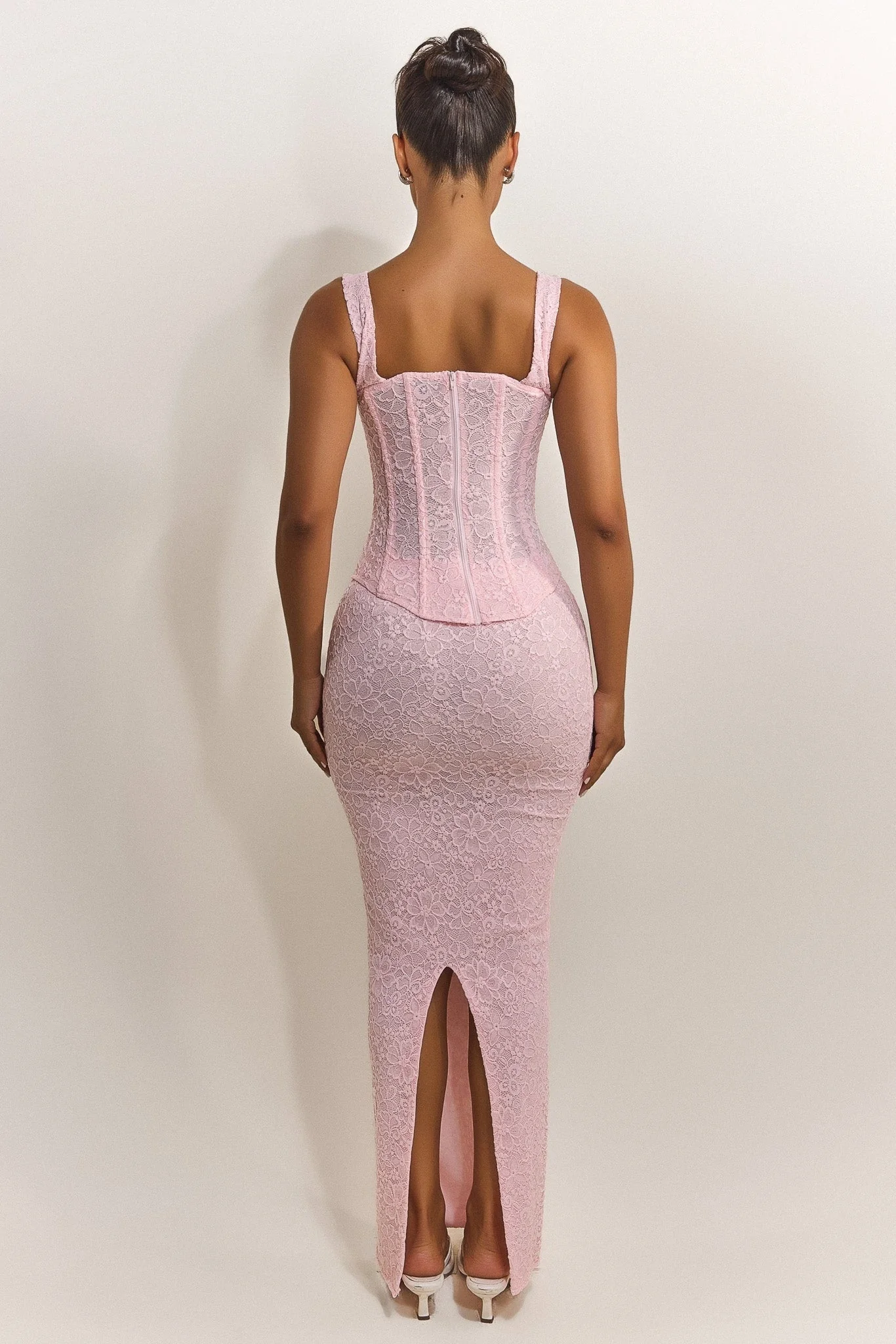 The Cinched Lace Corset Maxi Set in Baby Pink - Image 4