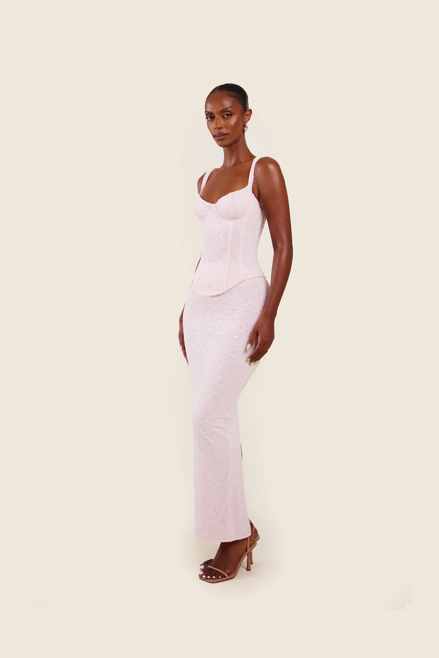 The Cinched Lace Corset Maxi Set in Baby Pink - Image 7