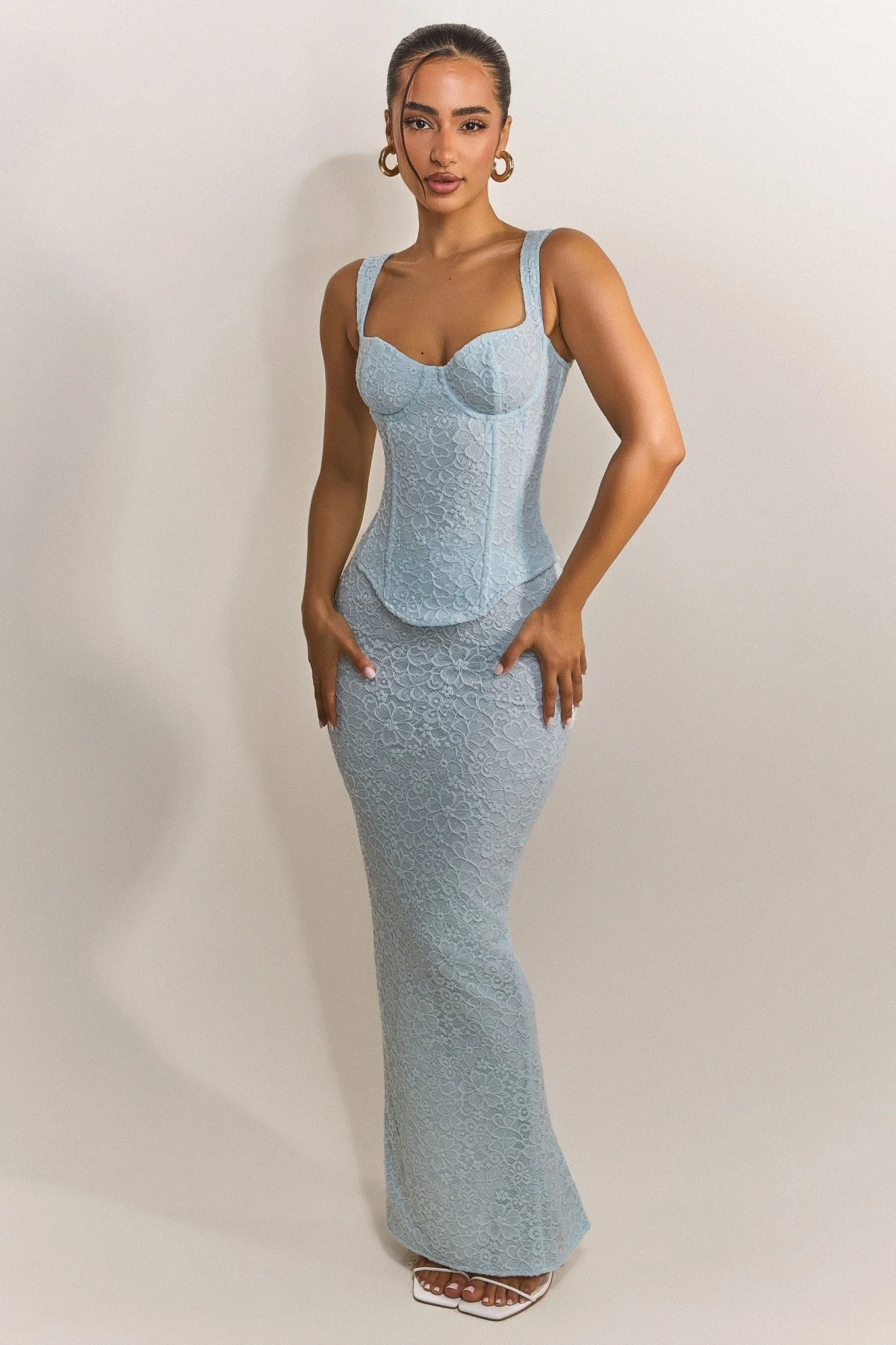 The Cinched Lace Corset Maxi Set in Blue - Image 3