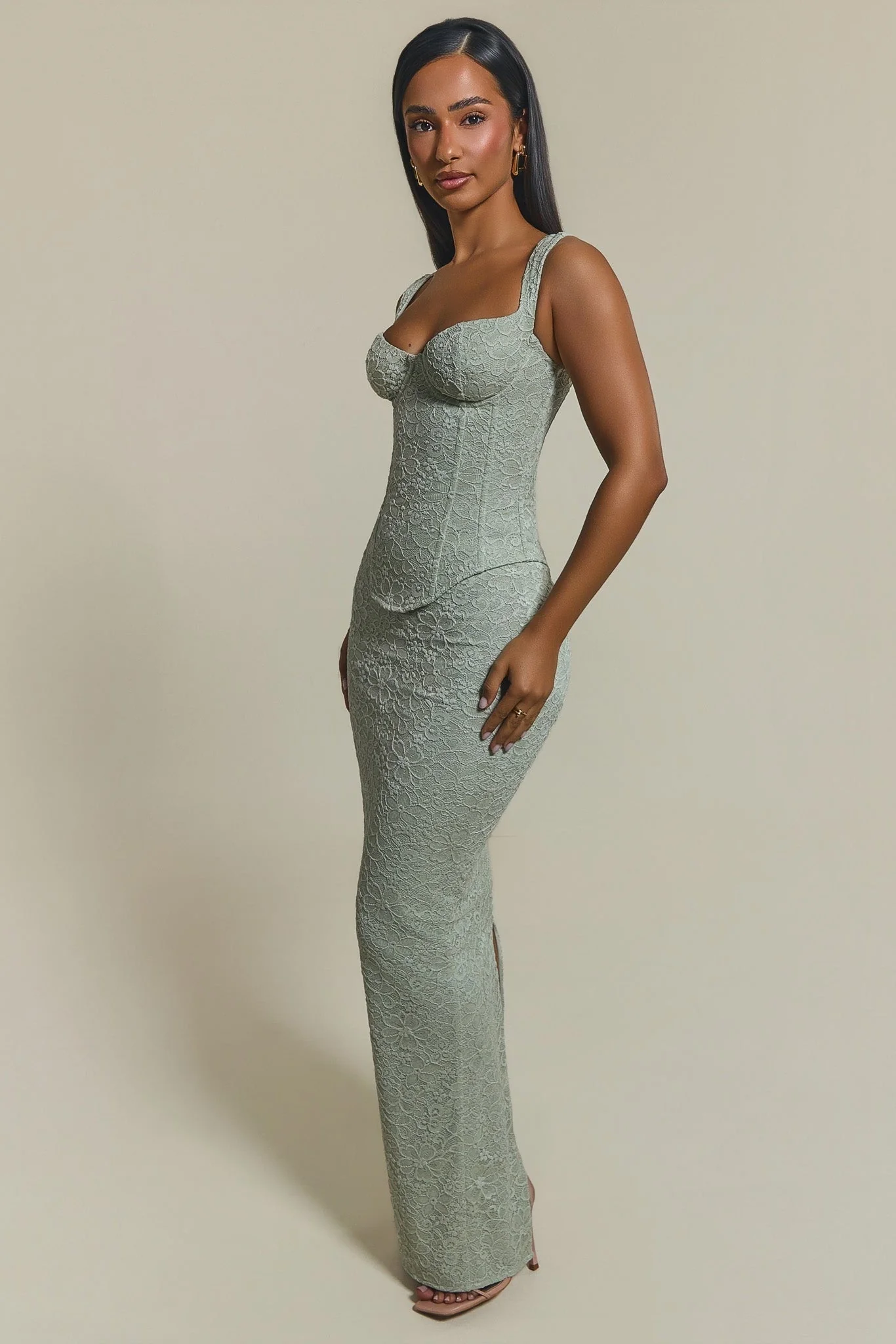 The Cinched Lace Corset Maxi Skirt Set in Sage Green - Image 2