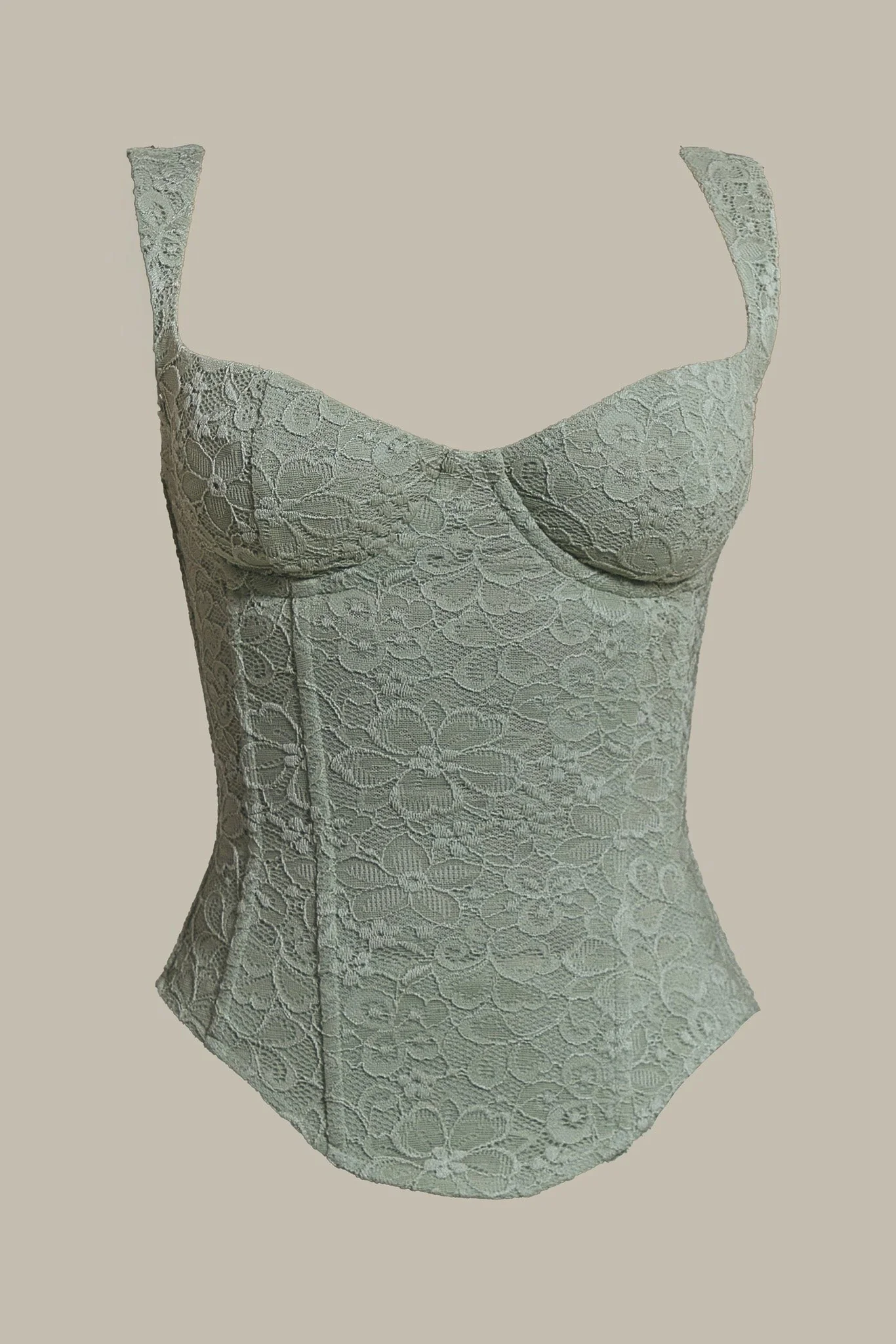 The Cinched Lace Corset Maxi Skirt Set in Sage Green - Image 5