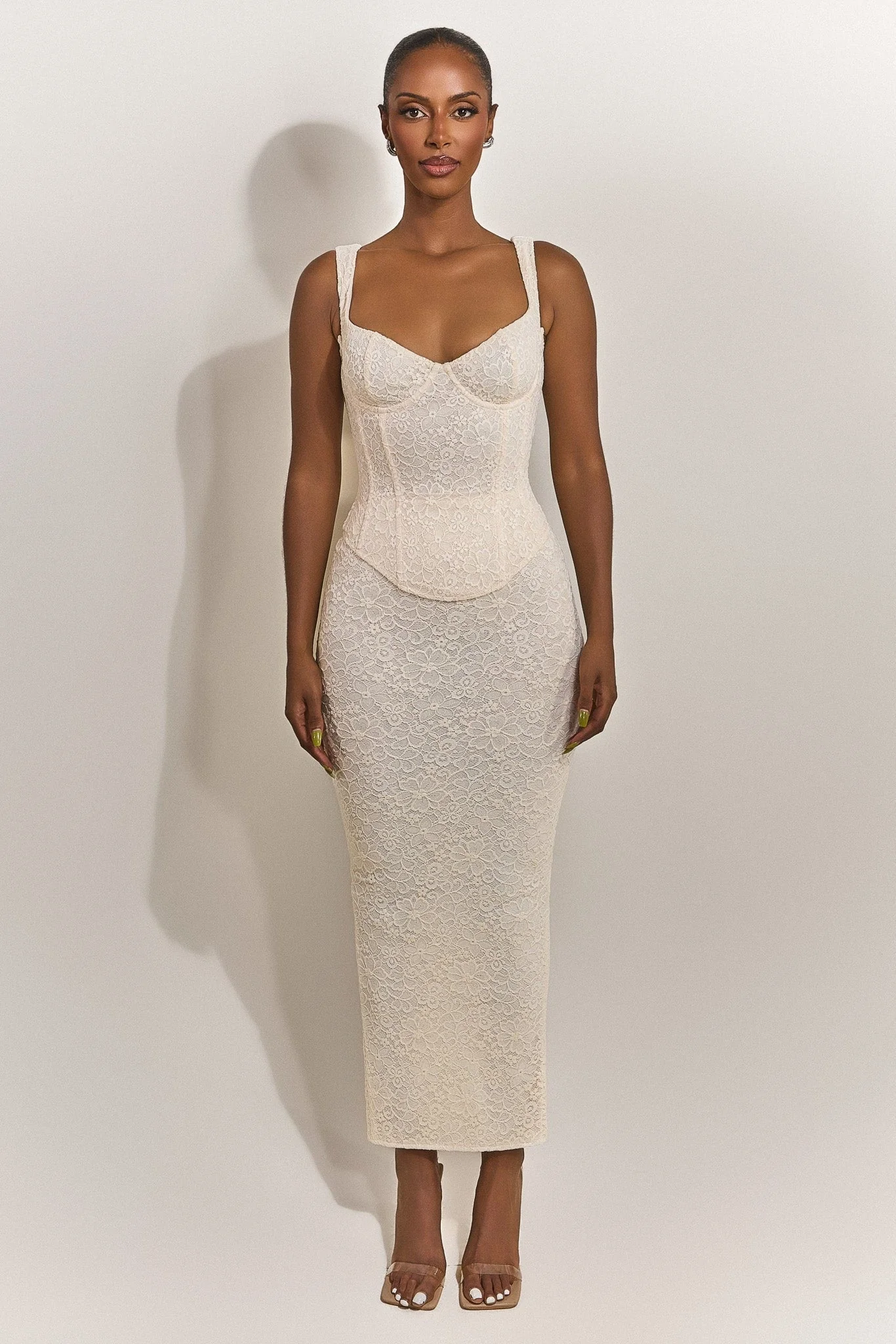 The Cinched Lace Maxi Set in Off White - Image 3