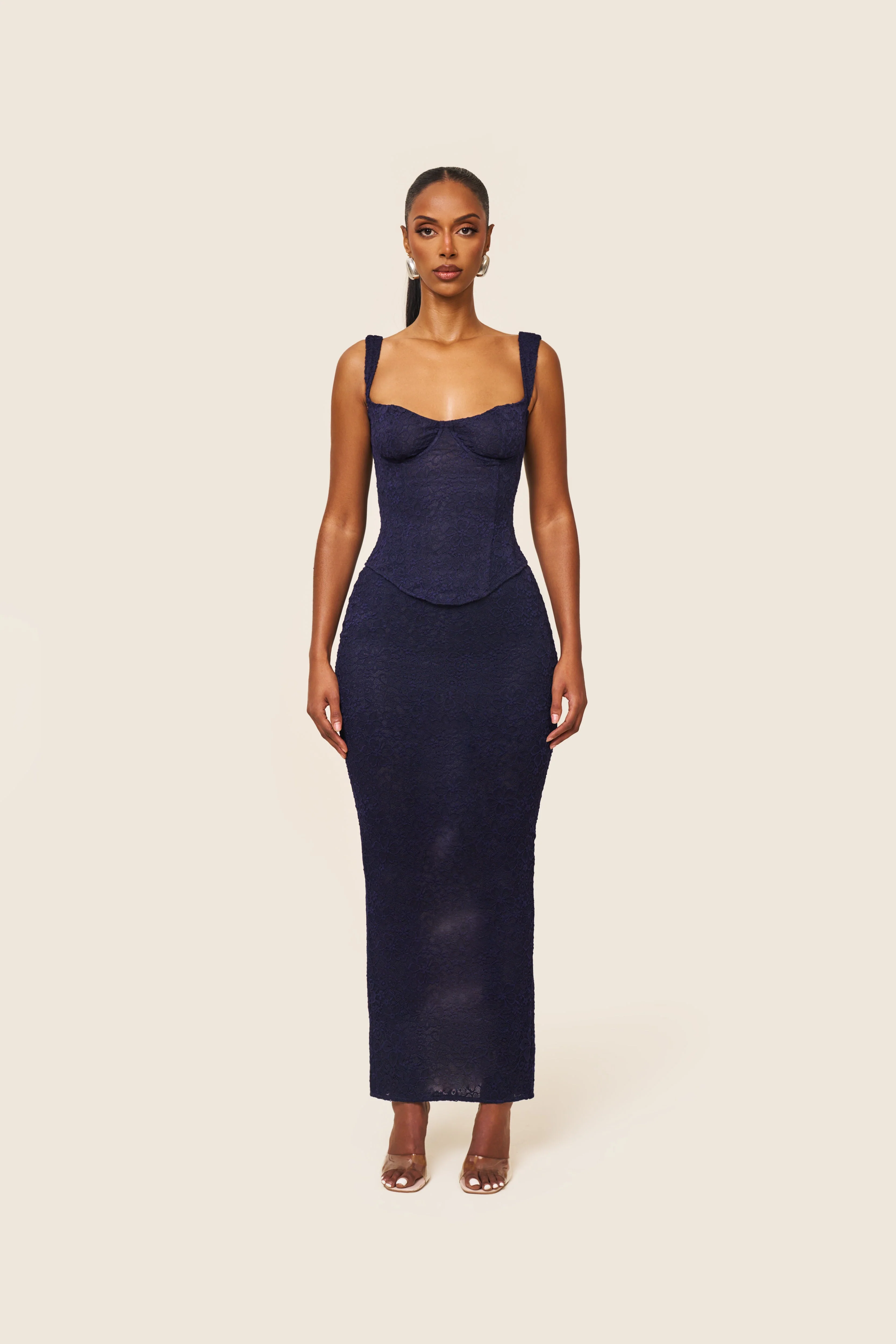 The Cinched Lace Maxi Skirt in Navy - Image 9