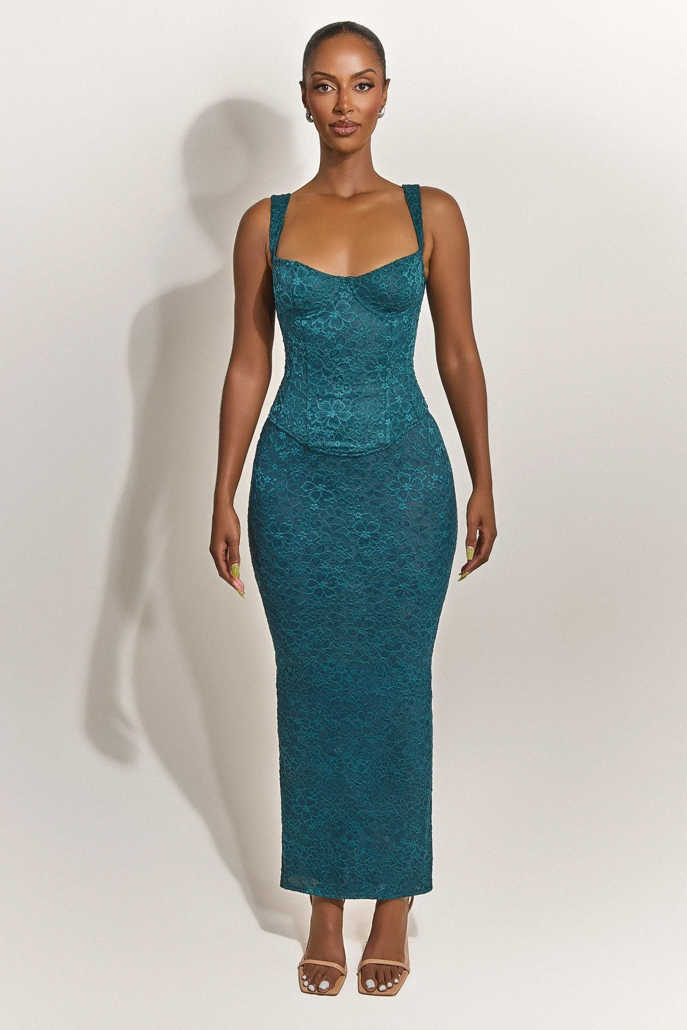 The Cinched Lace Maxi Skirt in Teal - Image 3