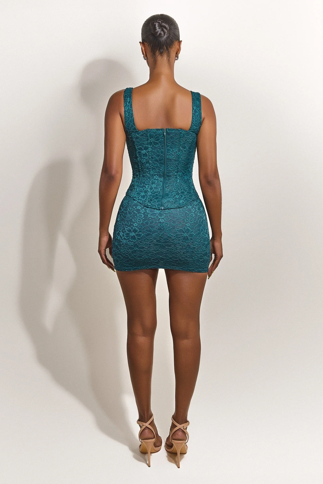 The Cinched Lace Mini Skirt in Teal - Image 13