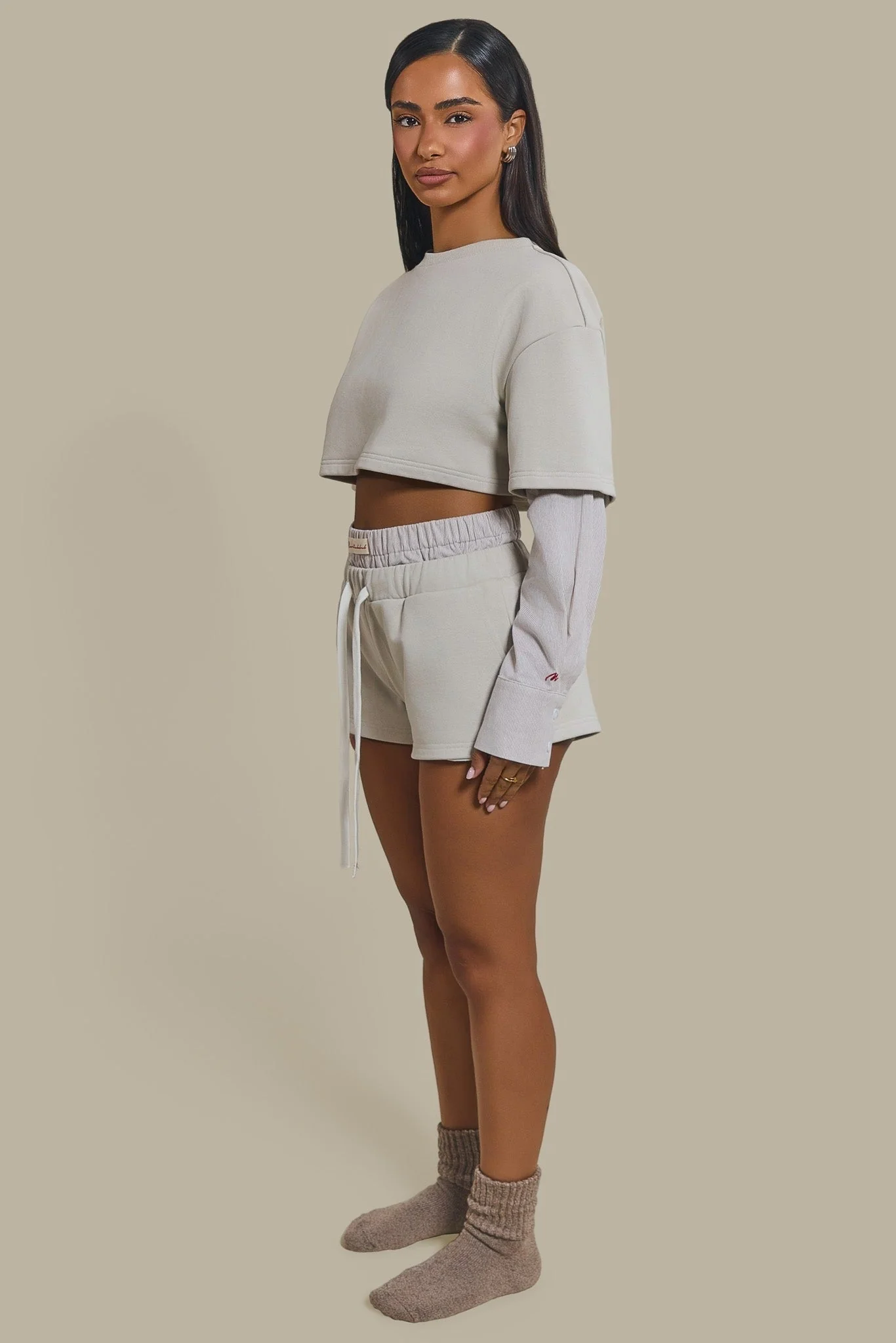 The Cropped Long Sleeve Top in Beige - Image 3