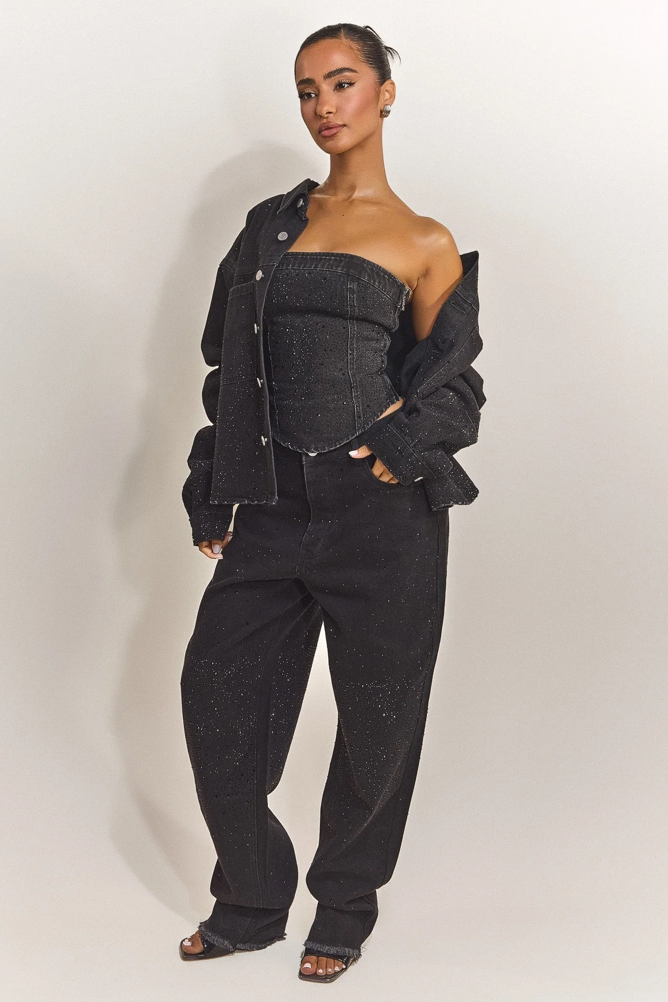 The Kai Rhinestone Shirt in Black - Image 2