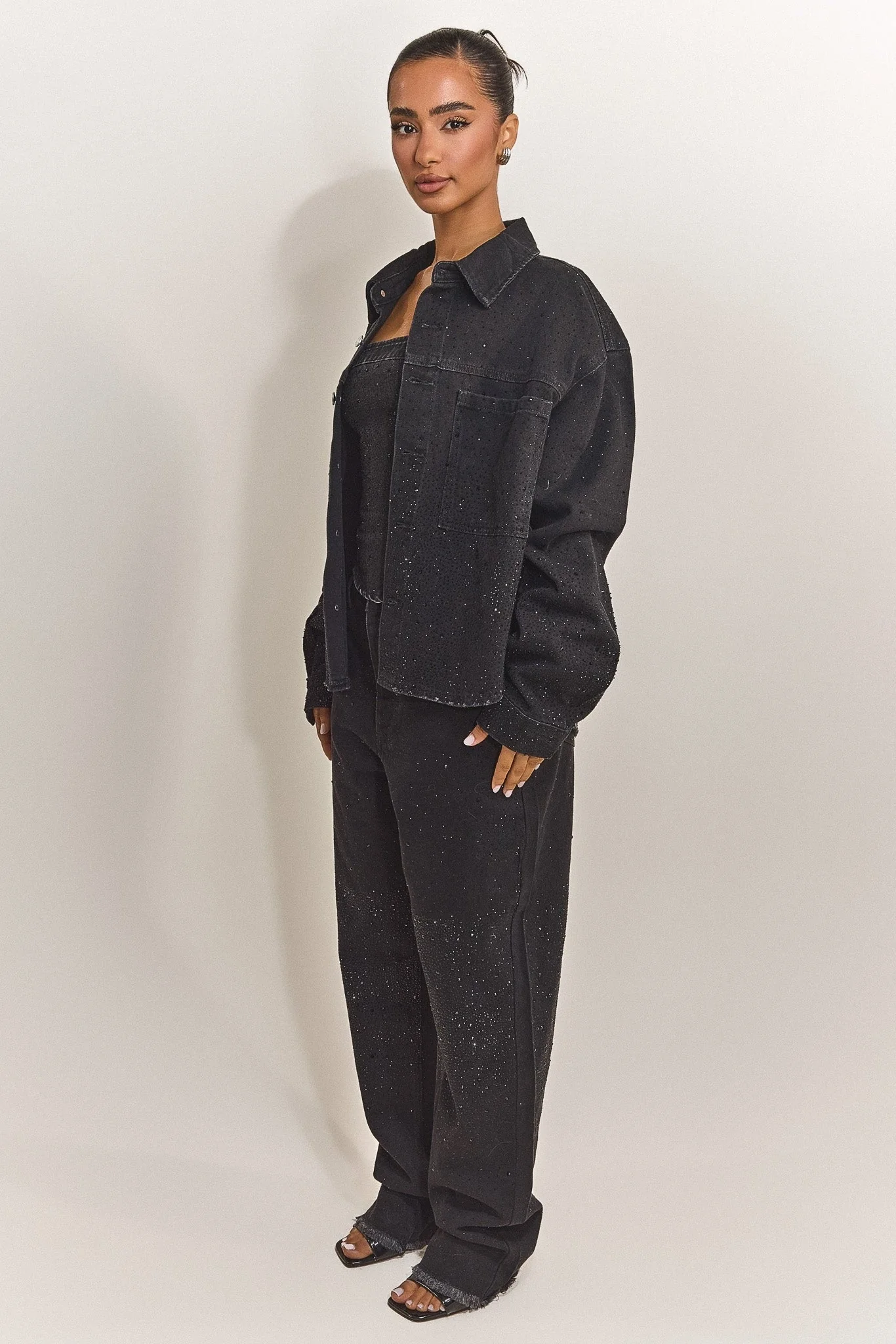 The Kai Rhinestone Shirt in Black - Image 3