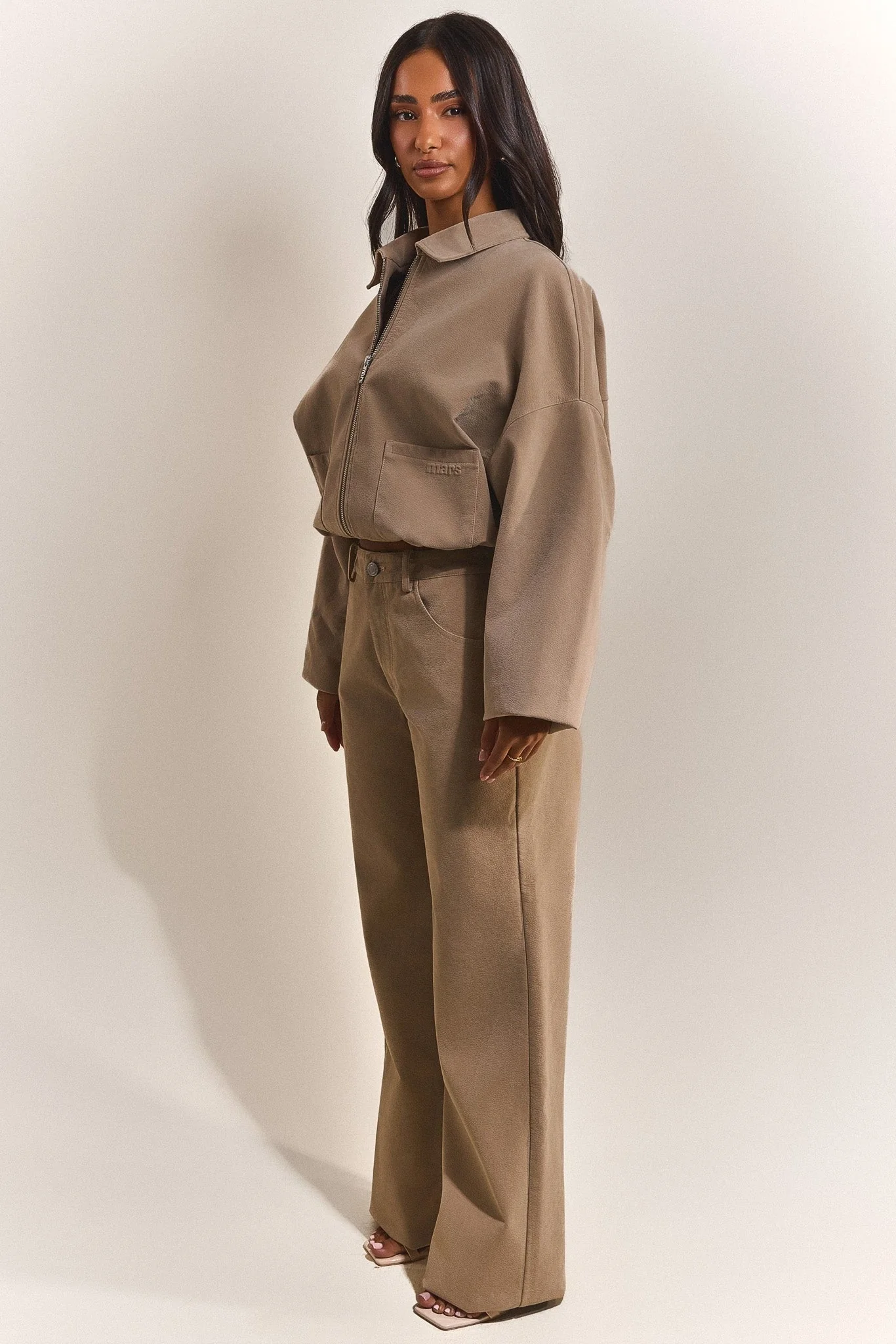 The Isla Faux Suede Straight Leg Trousers in Beige - Image 3