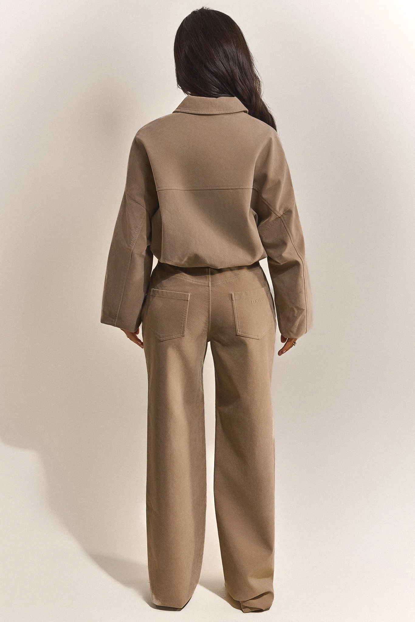 The Isla Faux Suede Straight Leg Trousers in Beige - Image 4