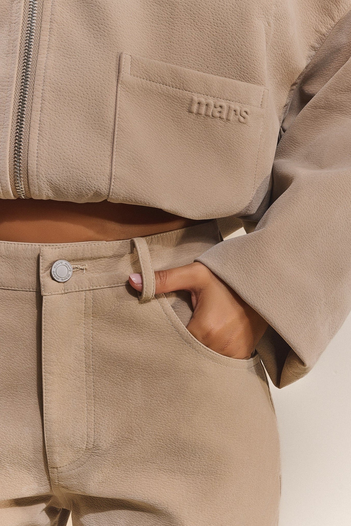 The Isla Faux Suede Straight Leg Trousers in Beige - Image 5