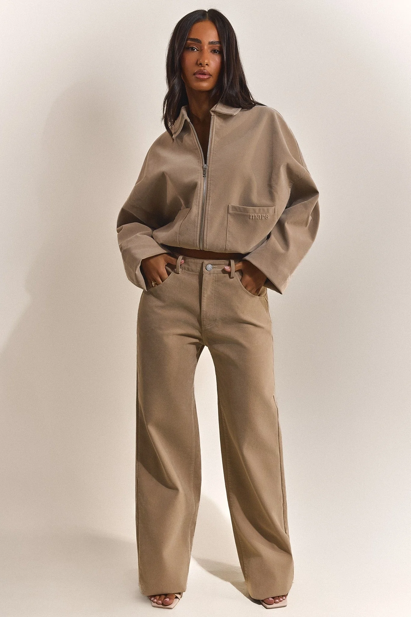 The Isla Faux Suede Straight Leg Trousers in Beige - Image 6
