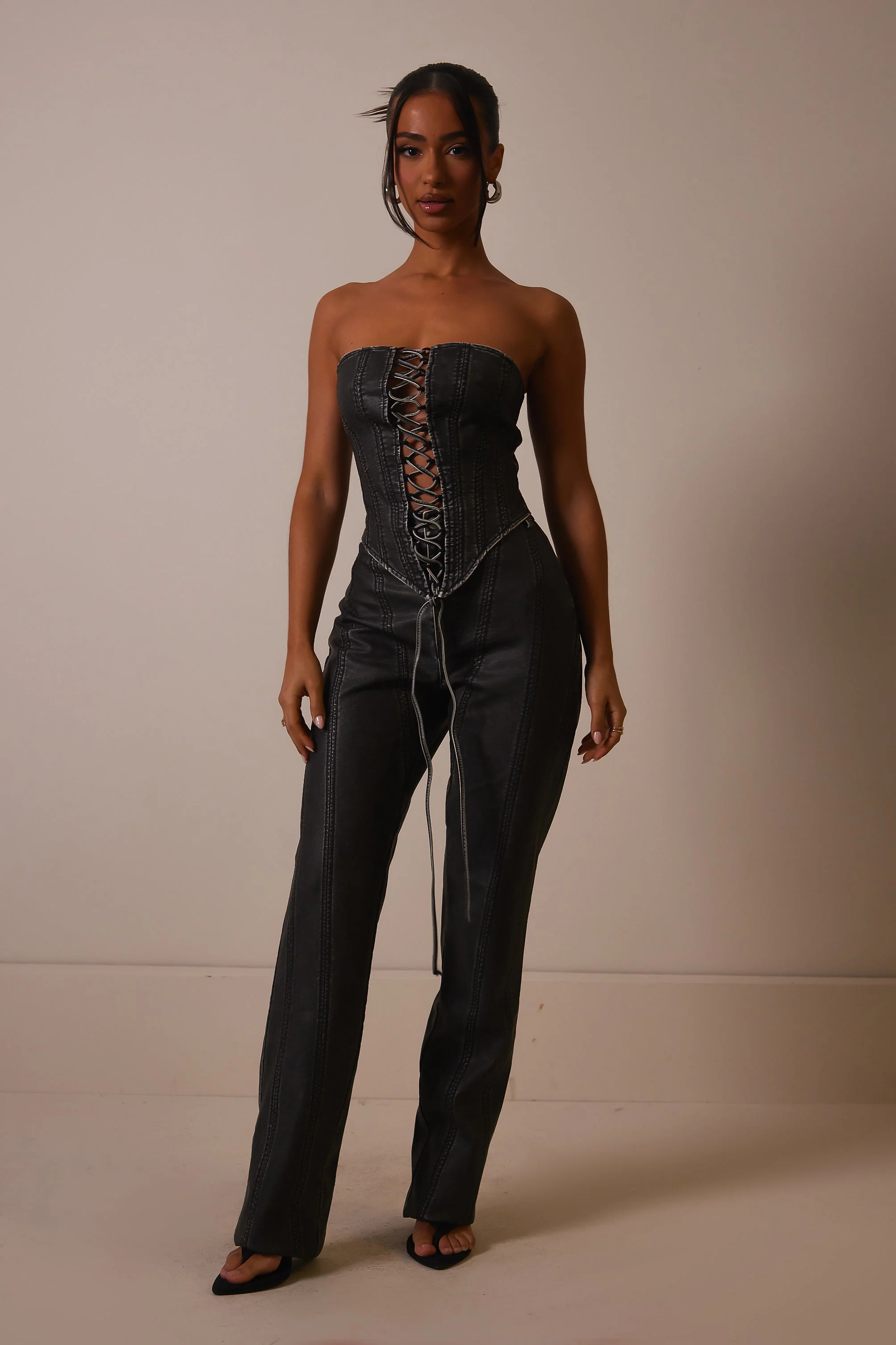 The Lace Up Front Leather Corset in Wash Black - Image 4