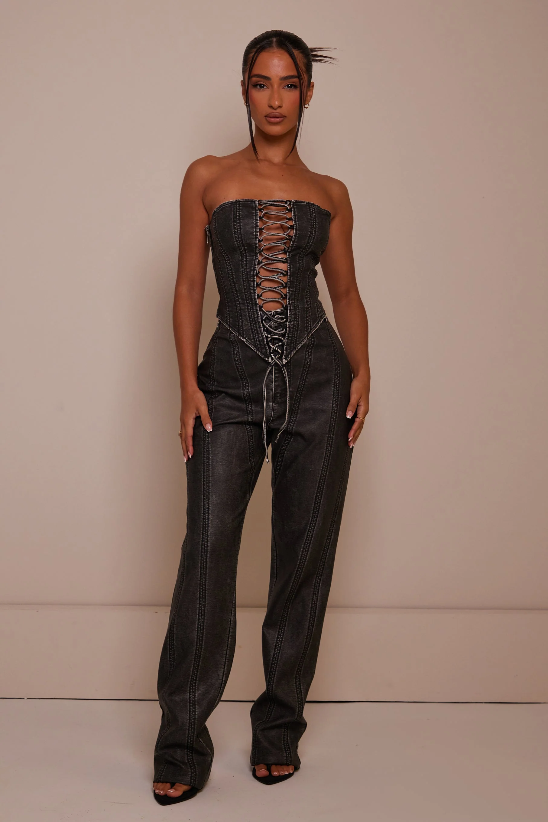 The Lace Up Front Leather Corset in Wash Black - Image 9