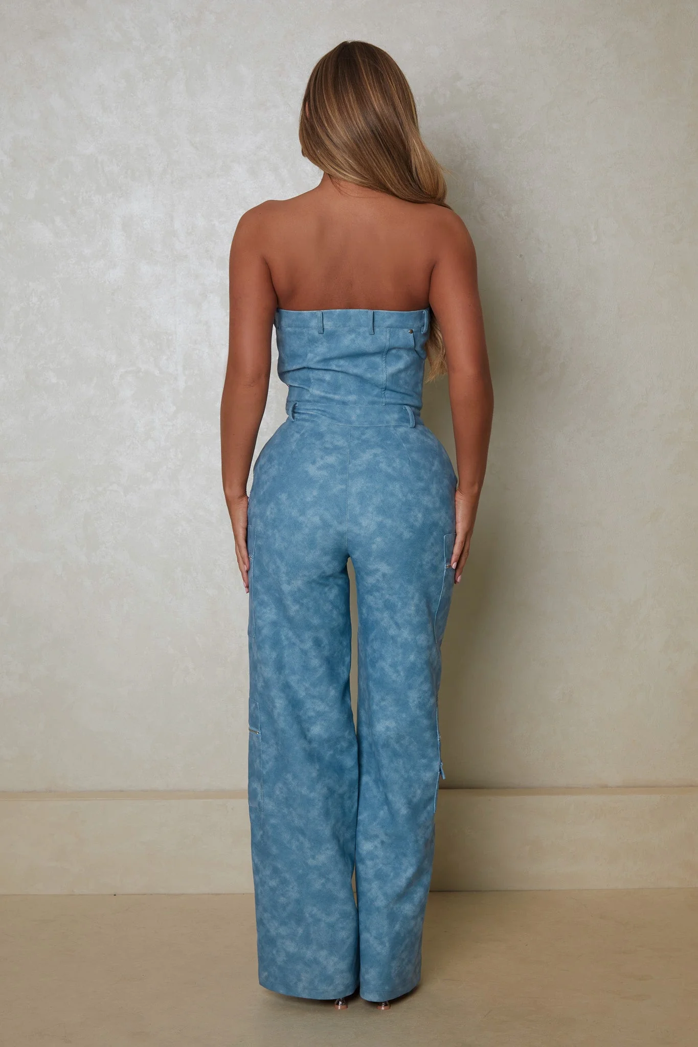 The Leather Asymmetric Zip Jumpsuit in Blue - Image 3