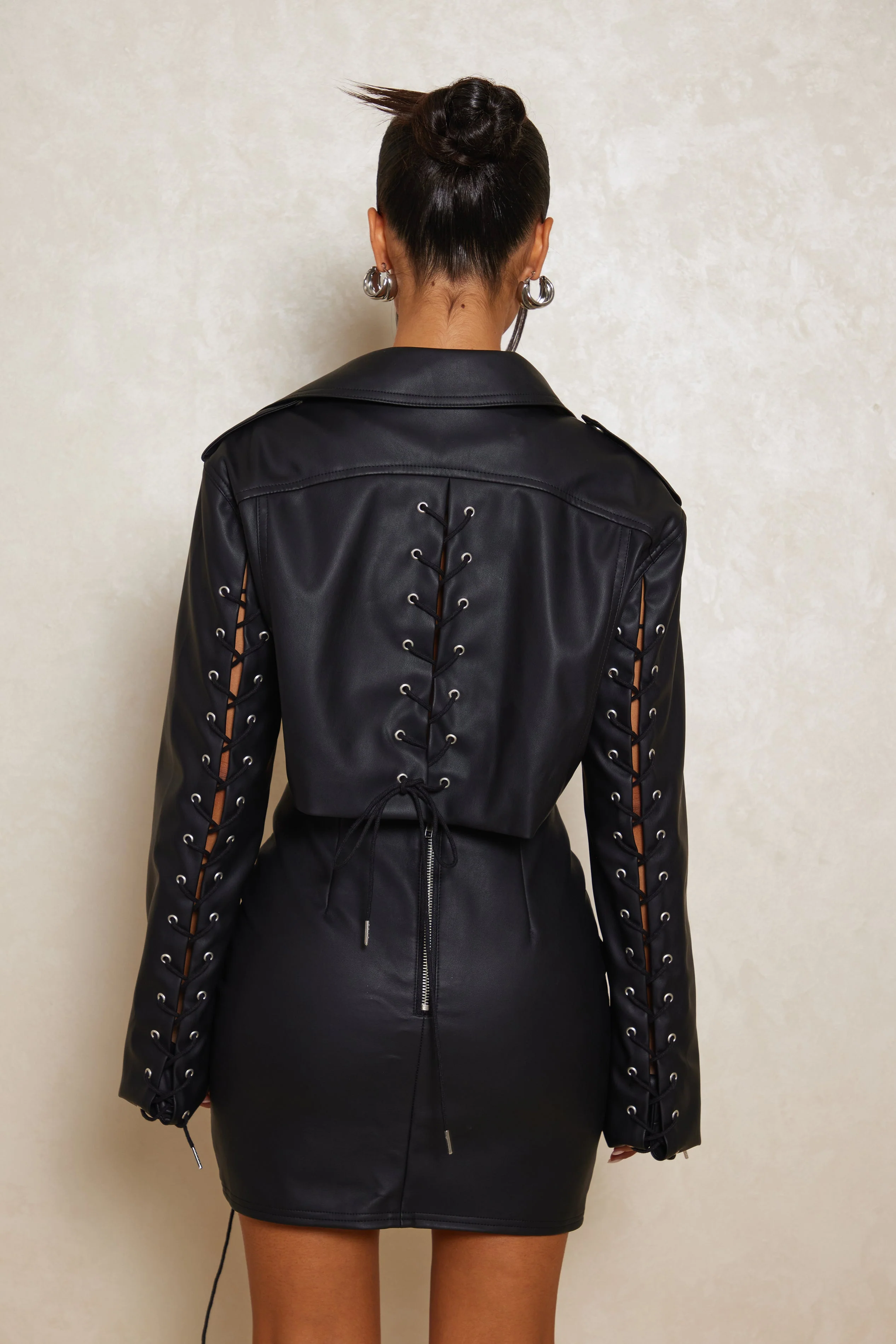 The Leather Lace Up Biker Jacket in Black - Image 4