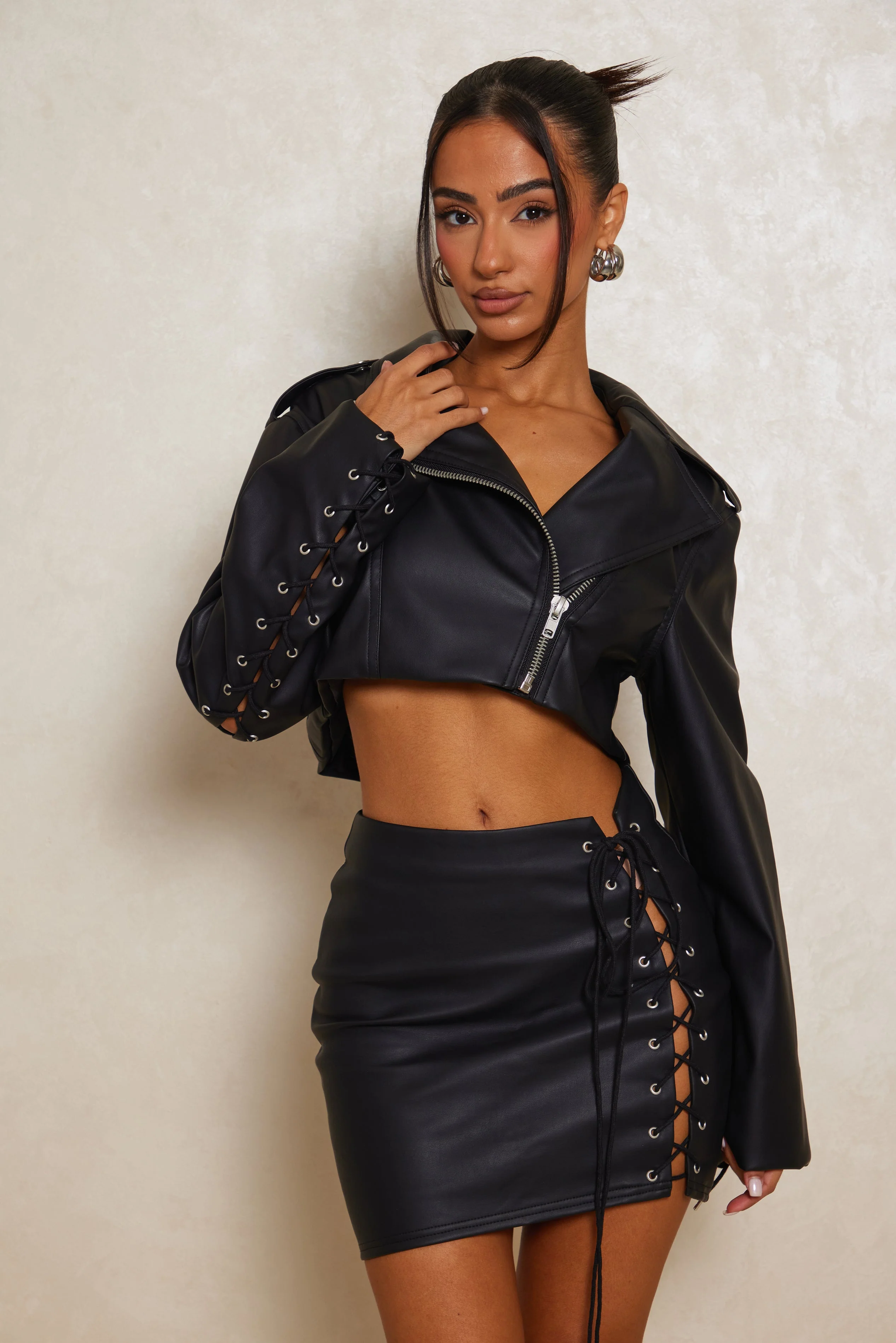 The Leather Lace Up Biker Jacket in Black - Image 7