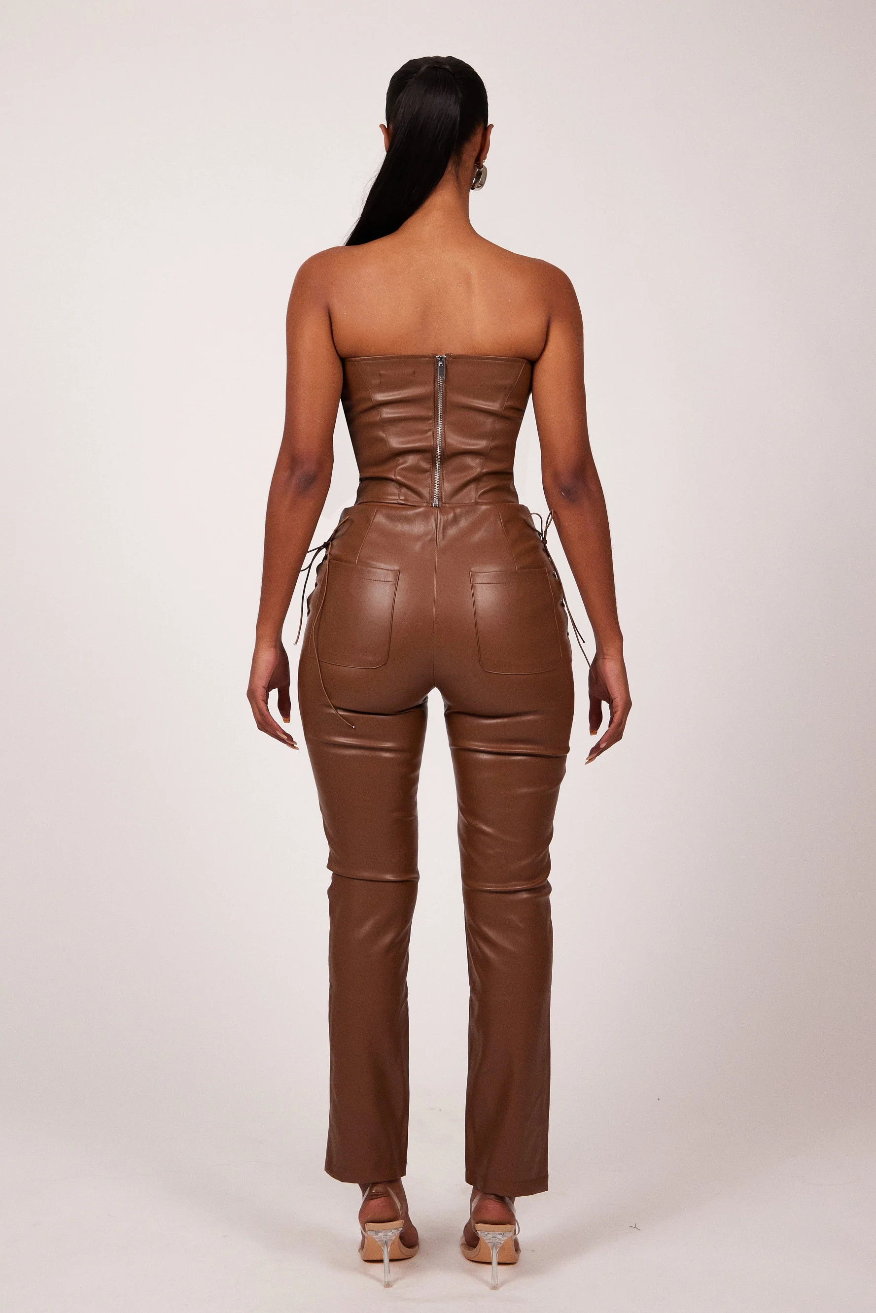 The Leather Lace Up Skinny Trousers in Brown - Image 3