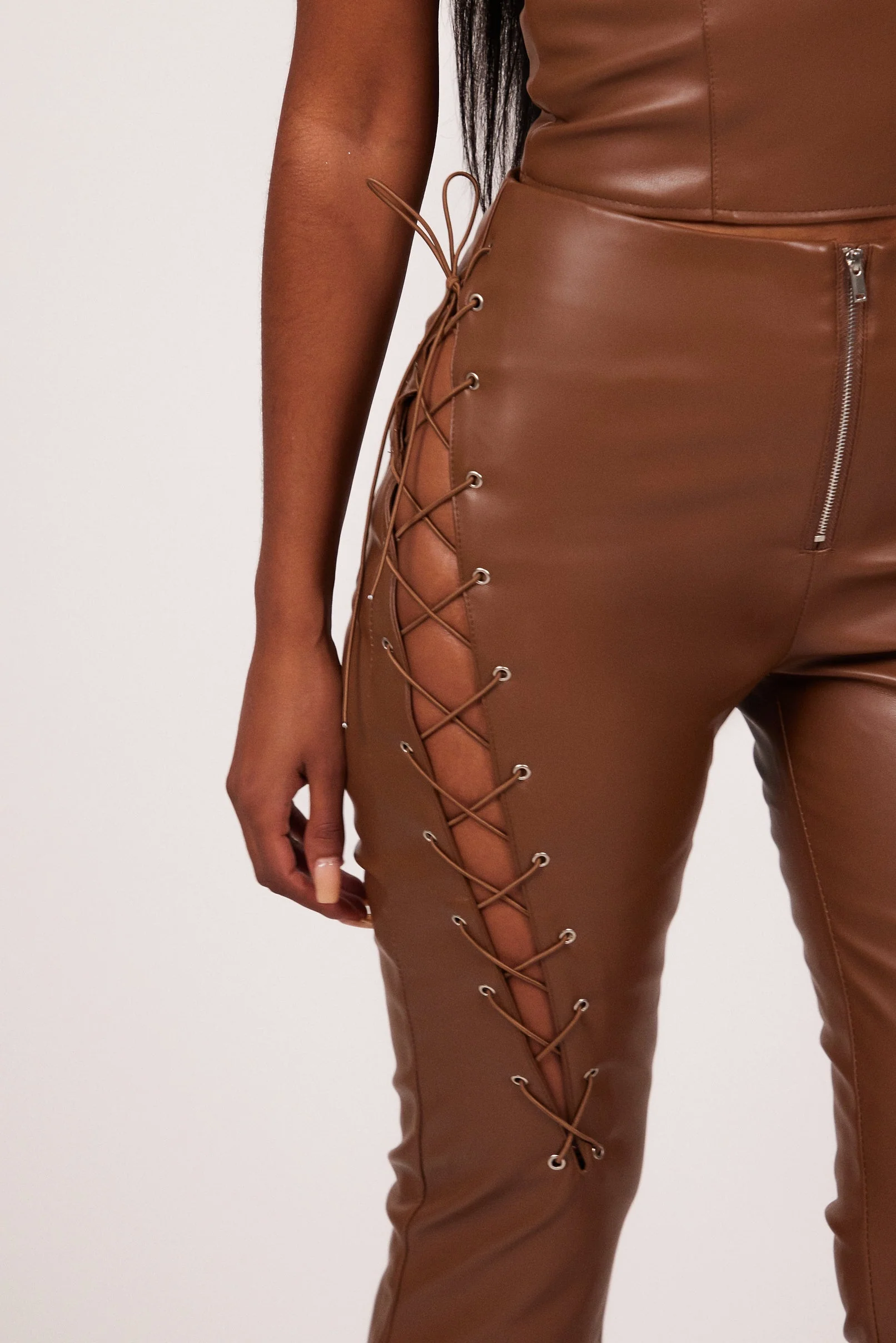 The Leather Lace Up Skinny Trousers in Brown - Image 4