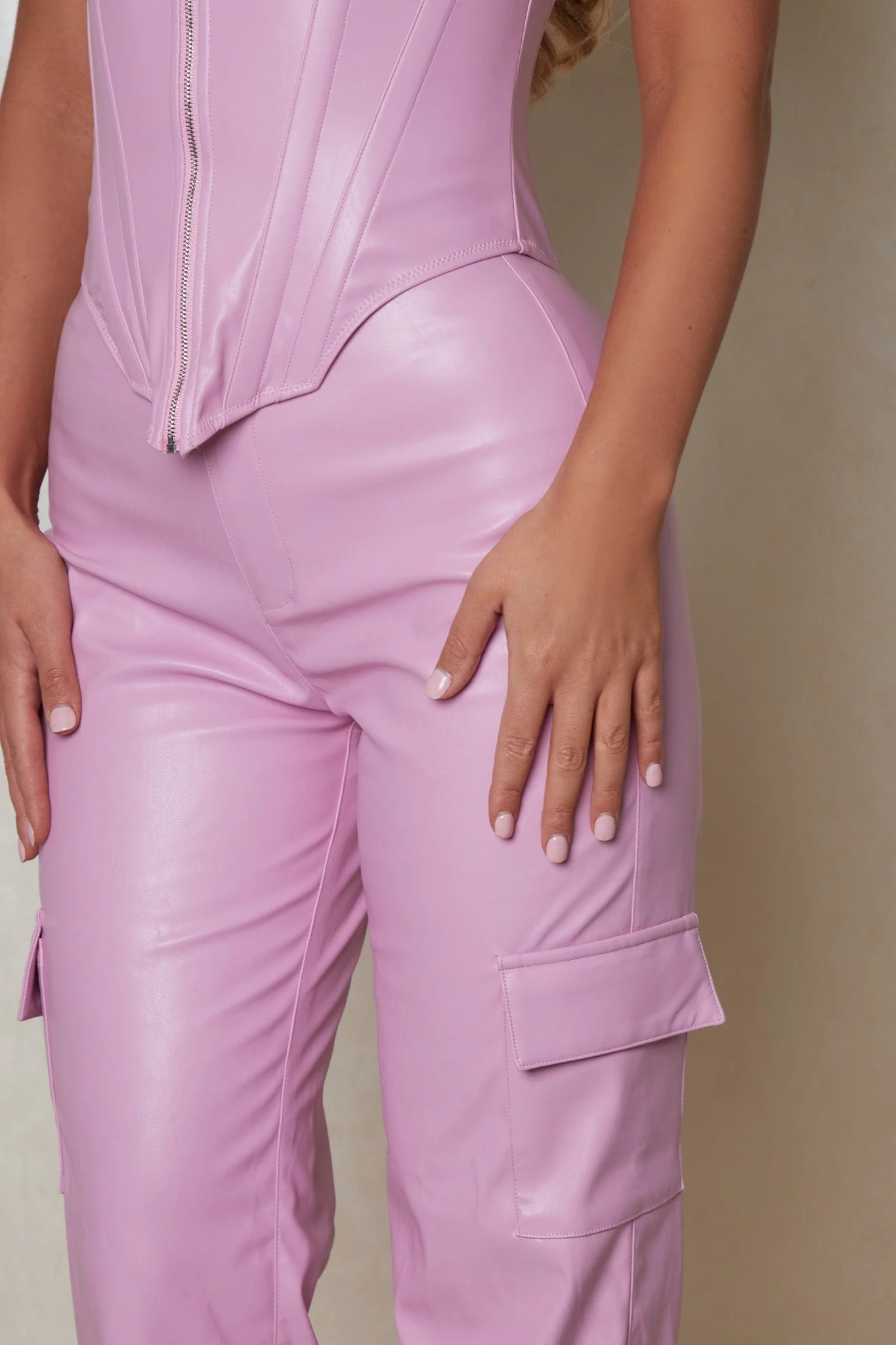 The Leather Pocket Trousers in Baby Pink - Image 3