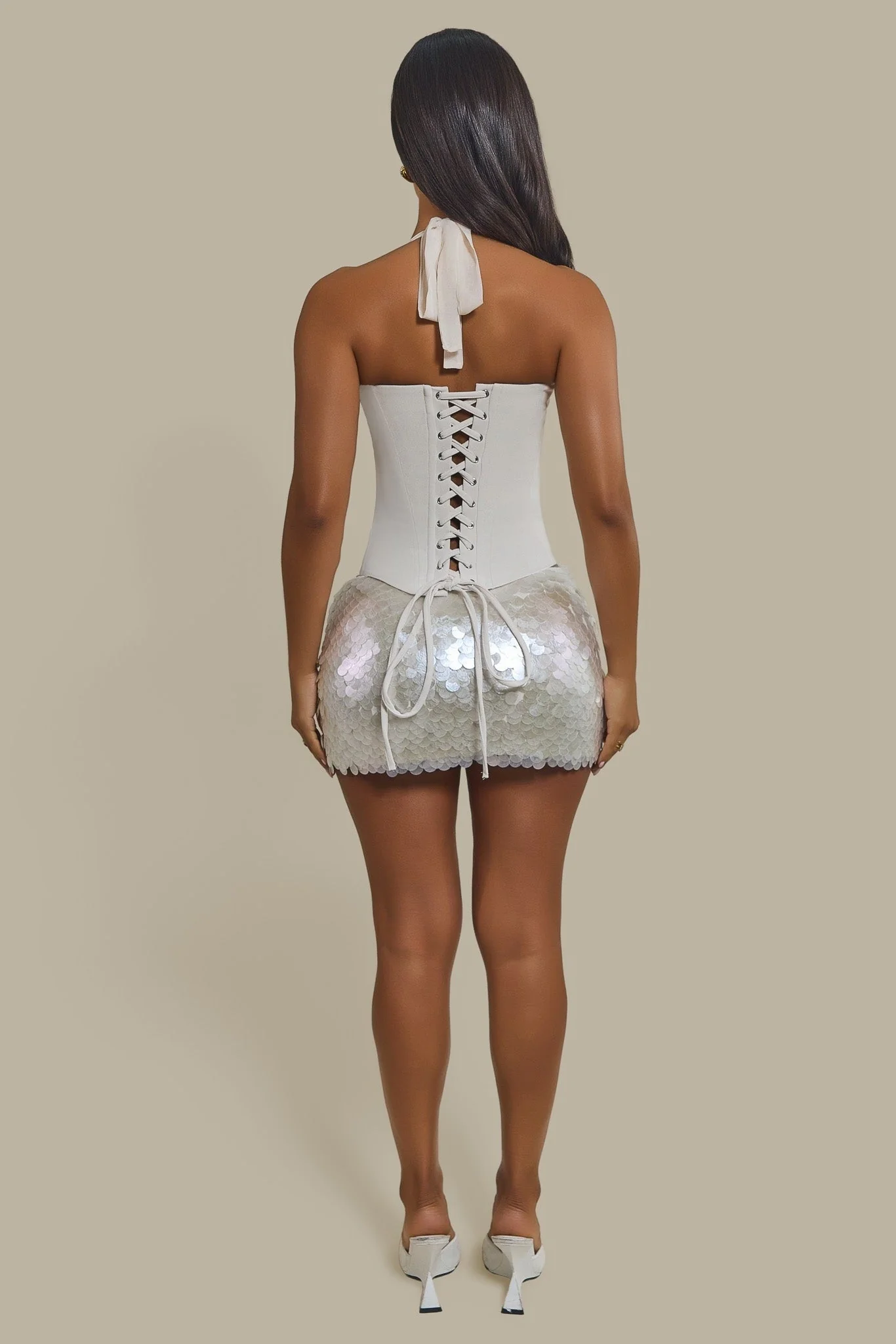 The Shimmi Sequin Micro Mini Skirt in Cream Pearl - Image 6