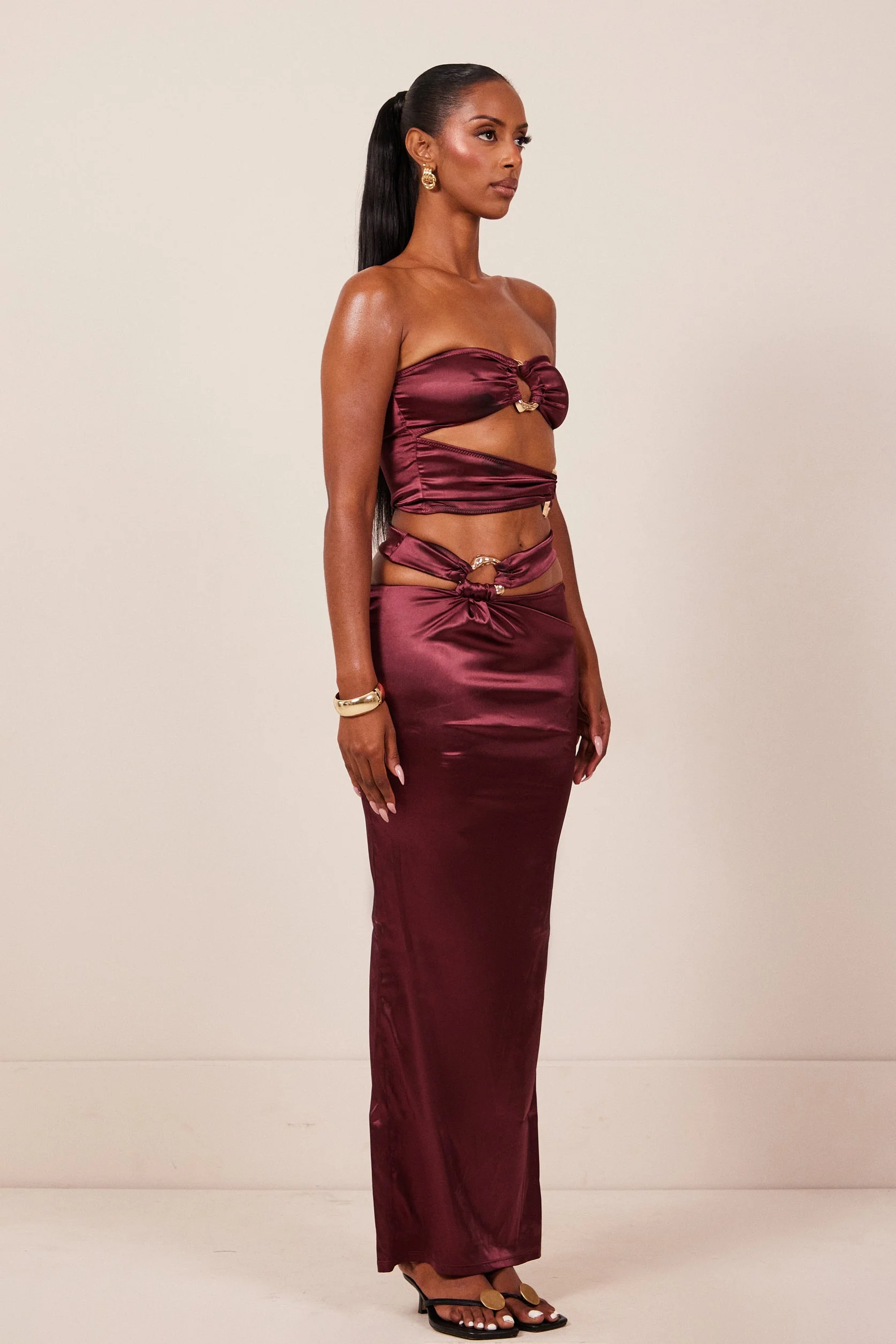 The Plated Satin Bandeau Maxi Set in Wine - Image 3
