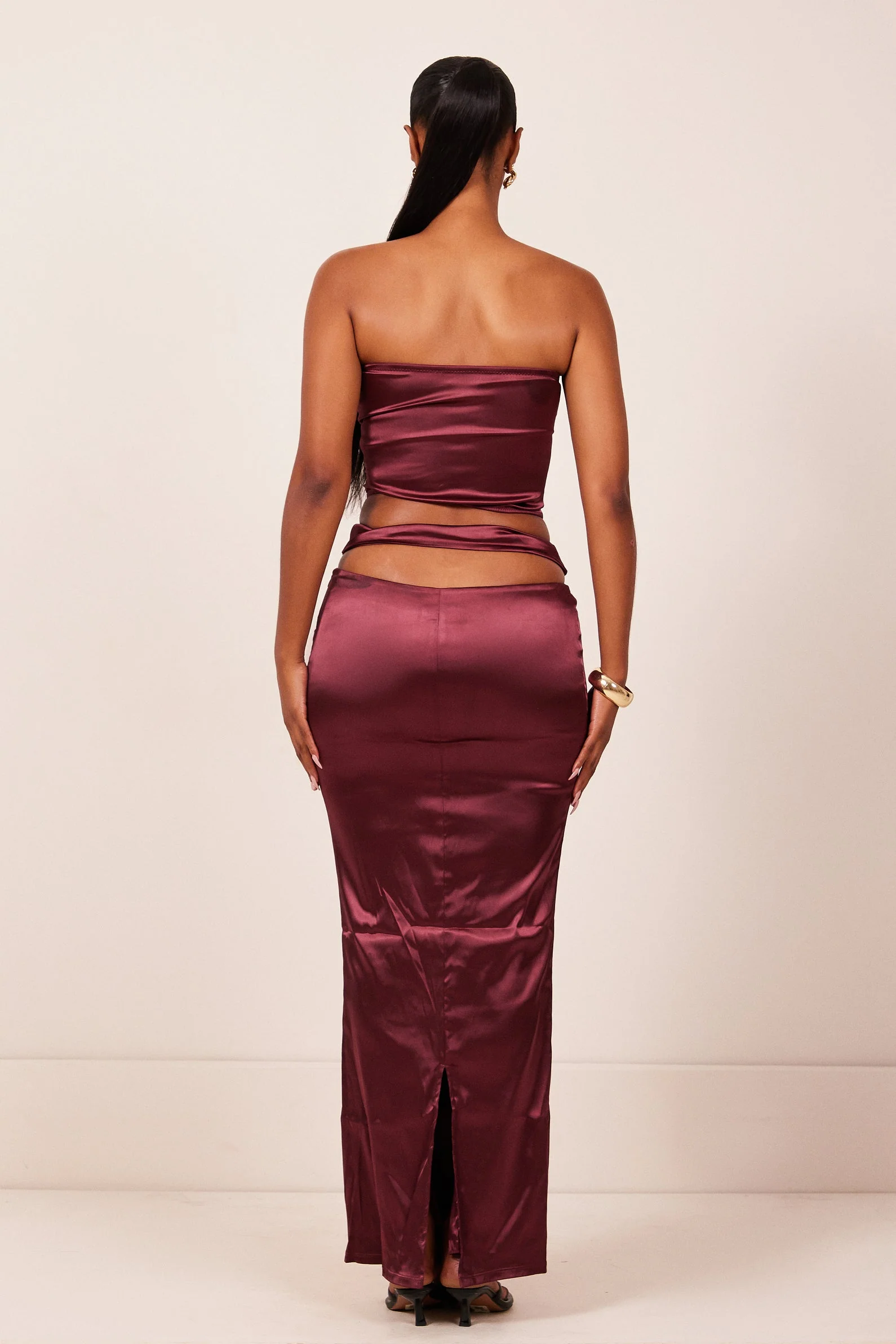 The Plated Satin Bandeau Maxi Set in Wine - Image 4