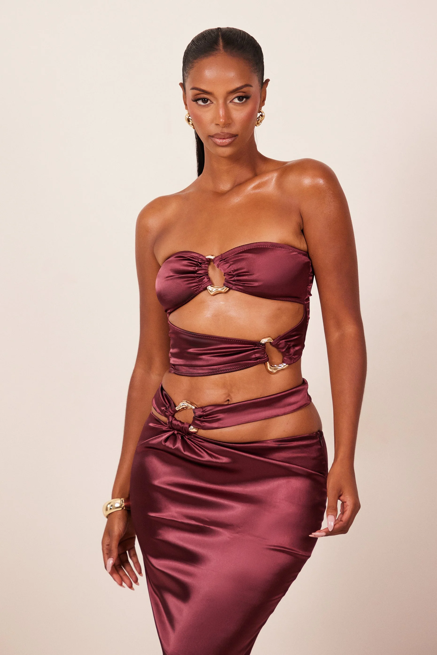The Plated Satin Bandeau Maxi Set in Wine - Image 5