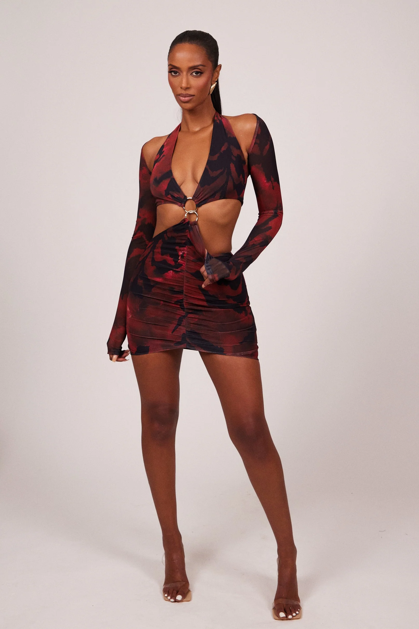 The Ring detail Plunge Shrug Mini in Red Print - Image 2
