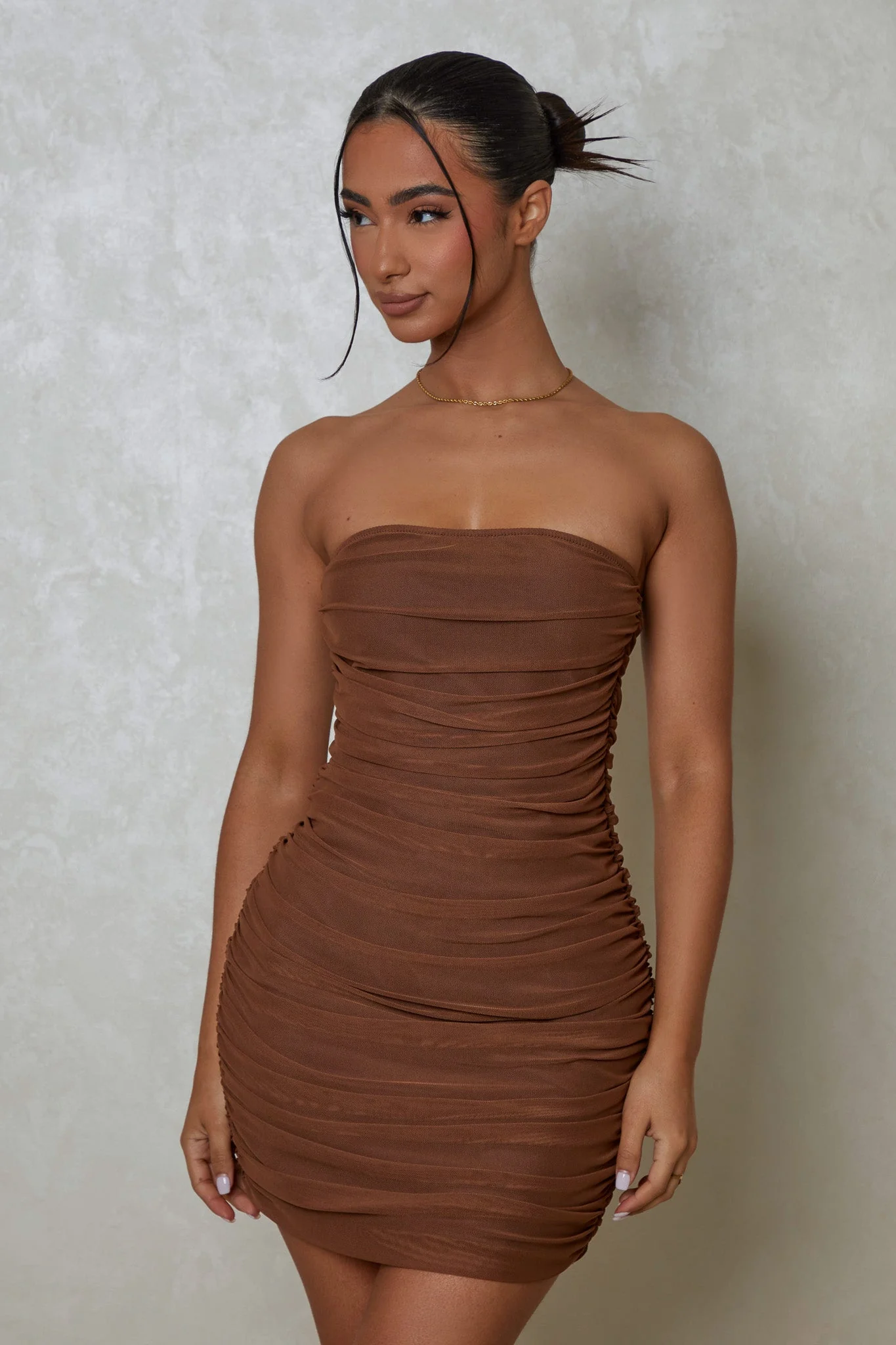 The Ruched Strapless Mini in Brown - Image 4