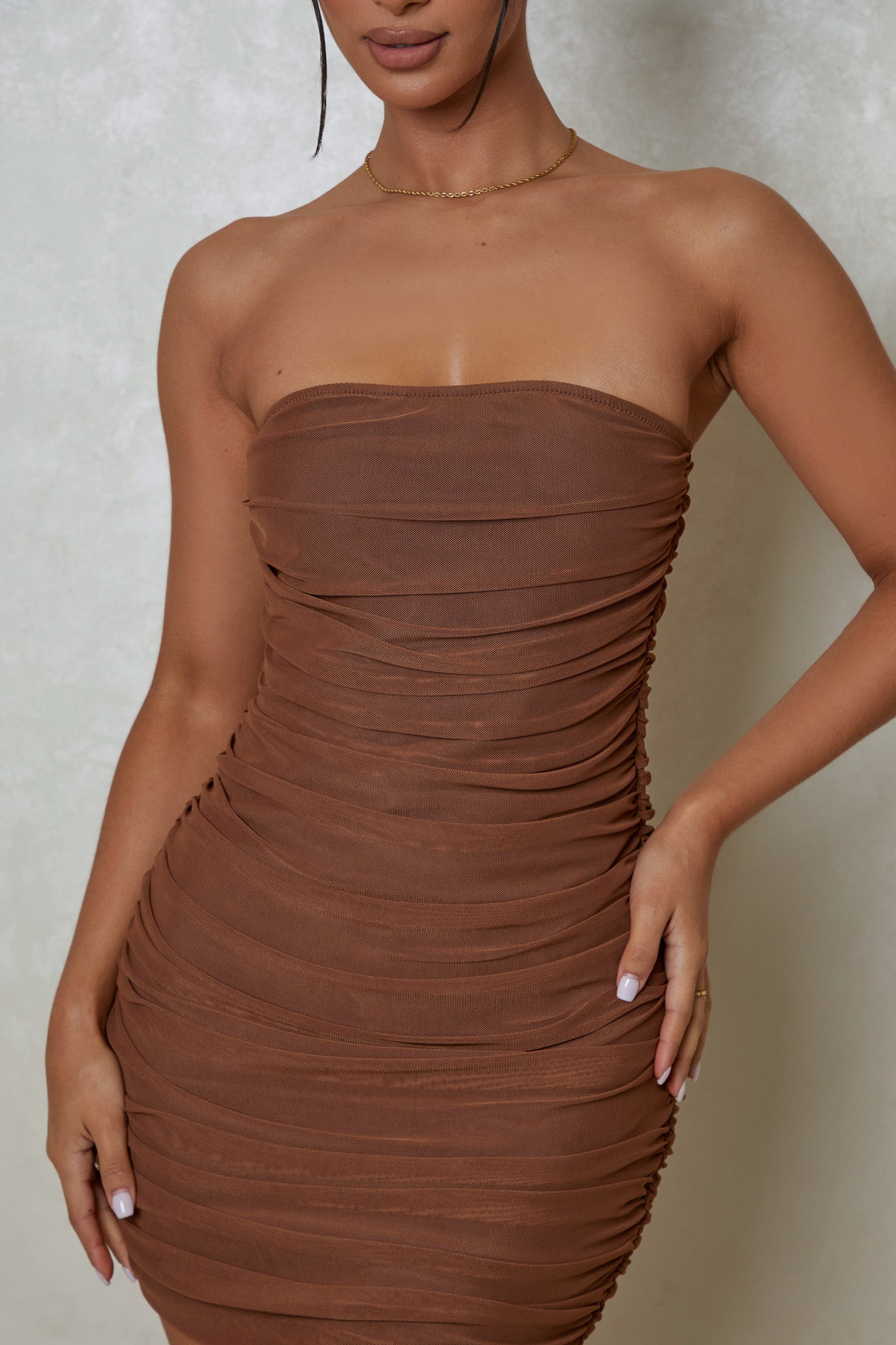 The Ruched Strapless Mini in Brown - Image 6