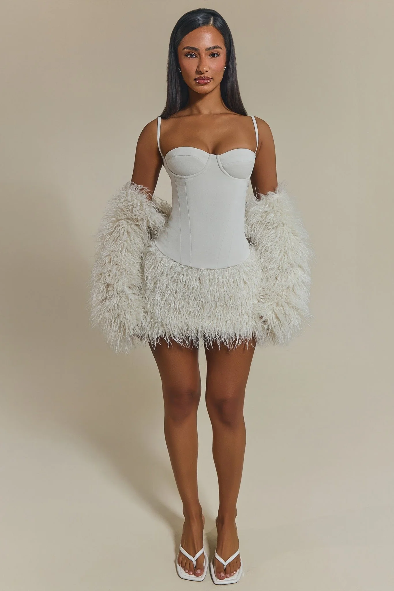 The Sabrine Fur Shrug and Mini Skirt Set in Cream - Image 3