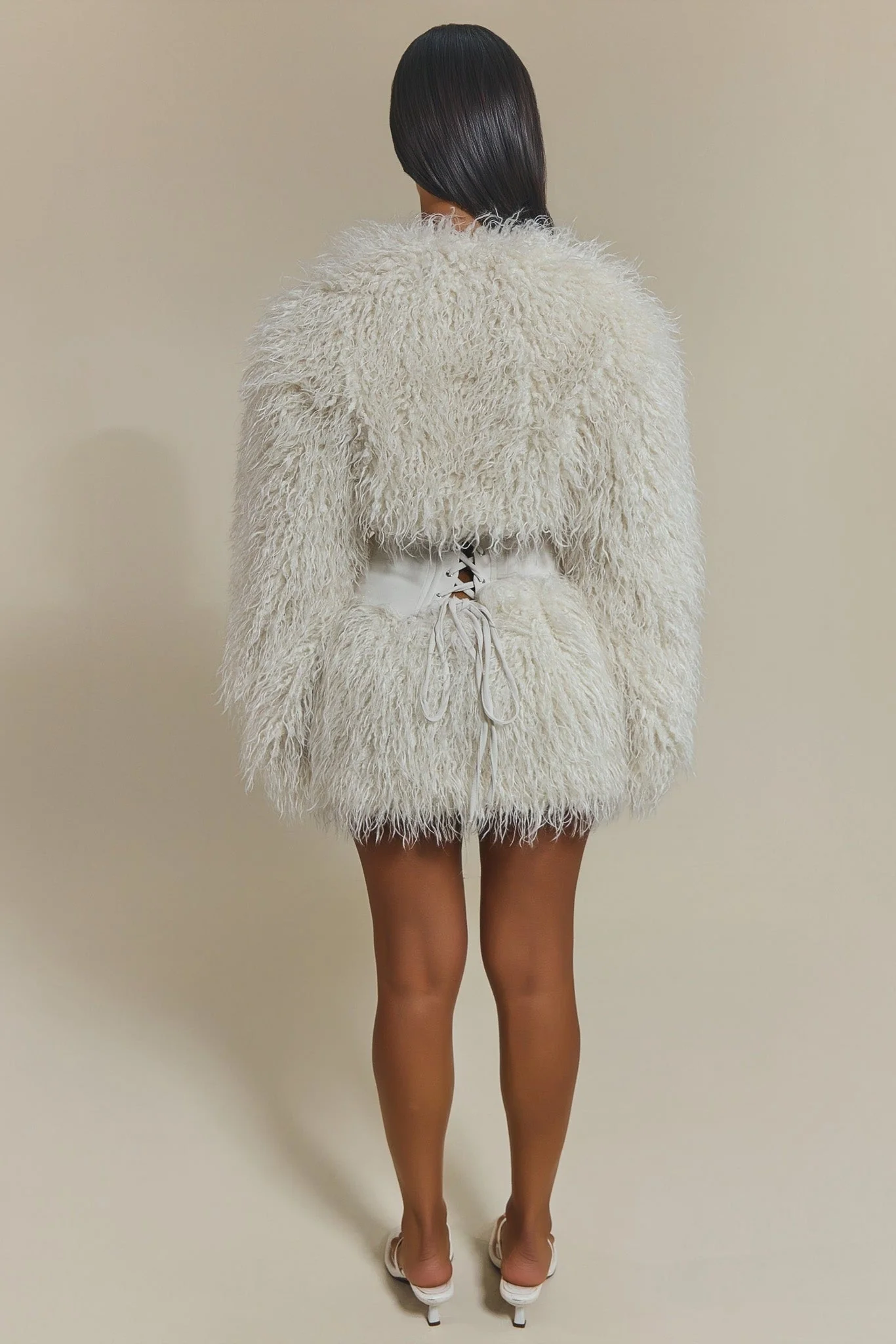 The Sabrine Fur Shrug and Mini Skirt Set in Cream - Image 5