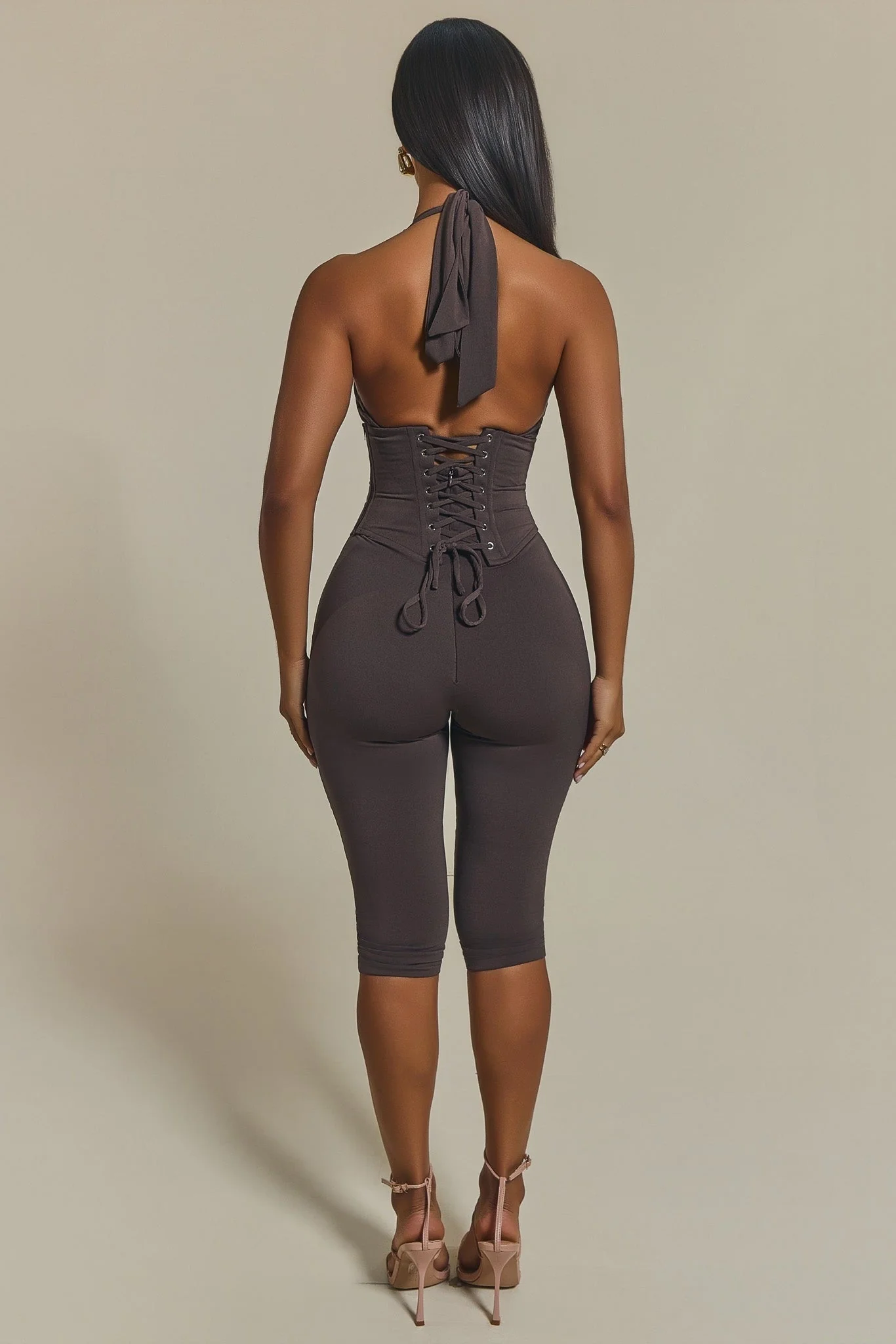 The Sandra Capri Corset Jumpsuit in Brown - Image 3