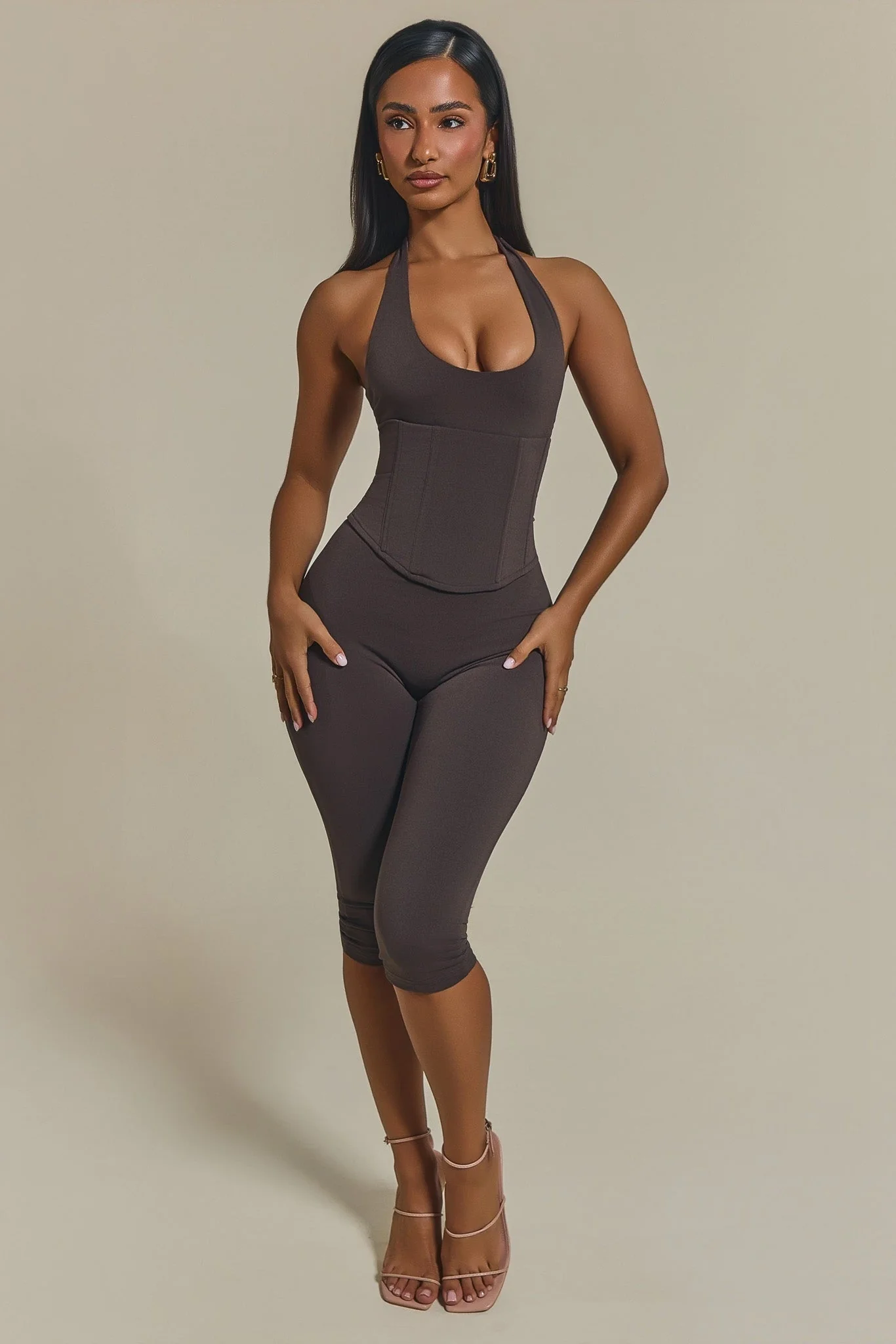 The Sandra Capri Corset Jumpsuit in Brown - Image 4