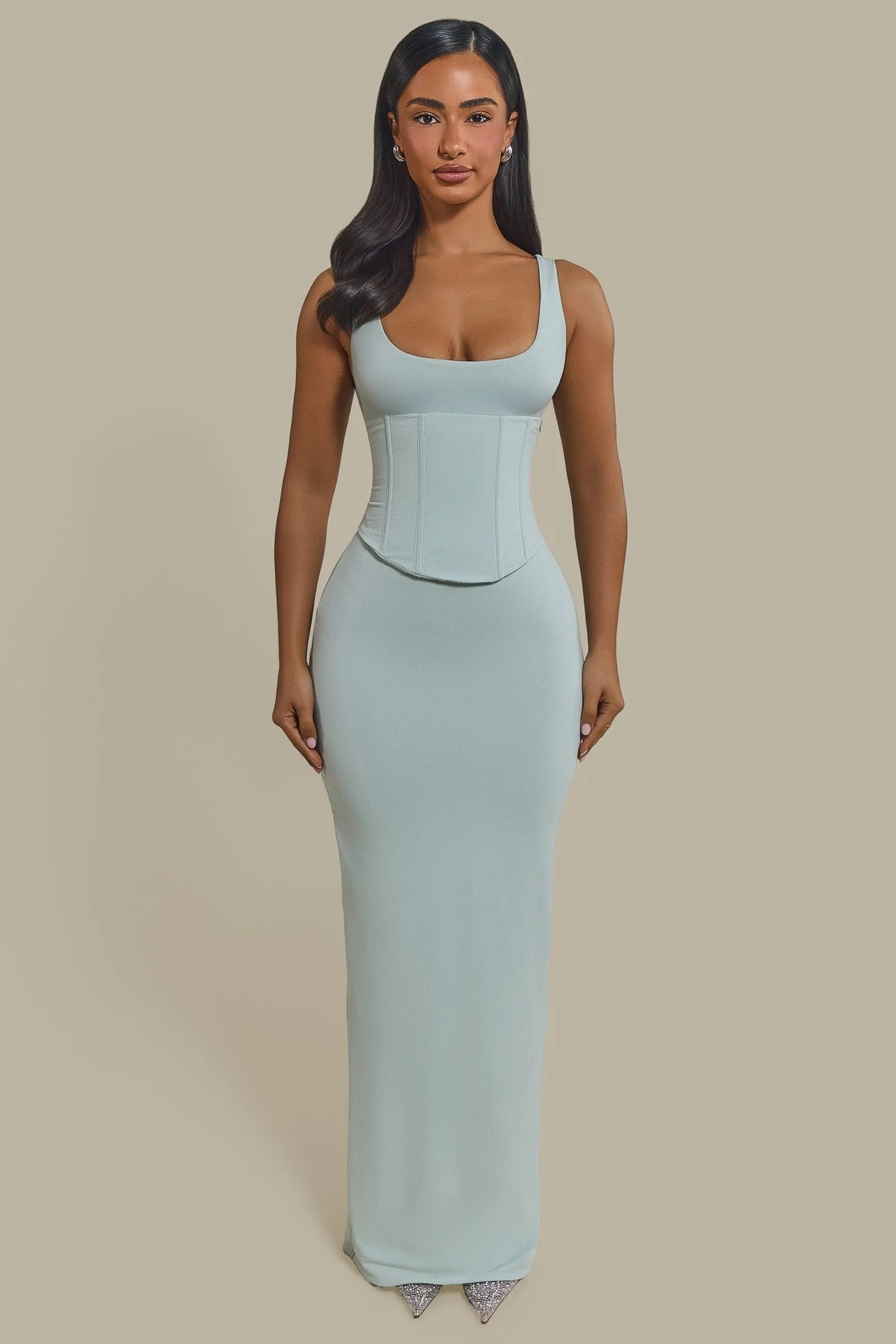 The Sandra Scoop Corset Maxi Dress in Light Blue - Image 3