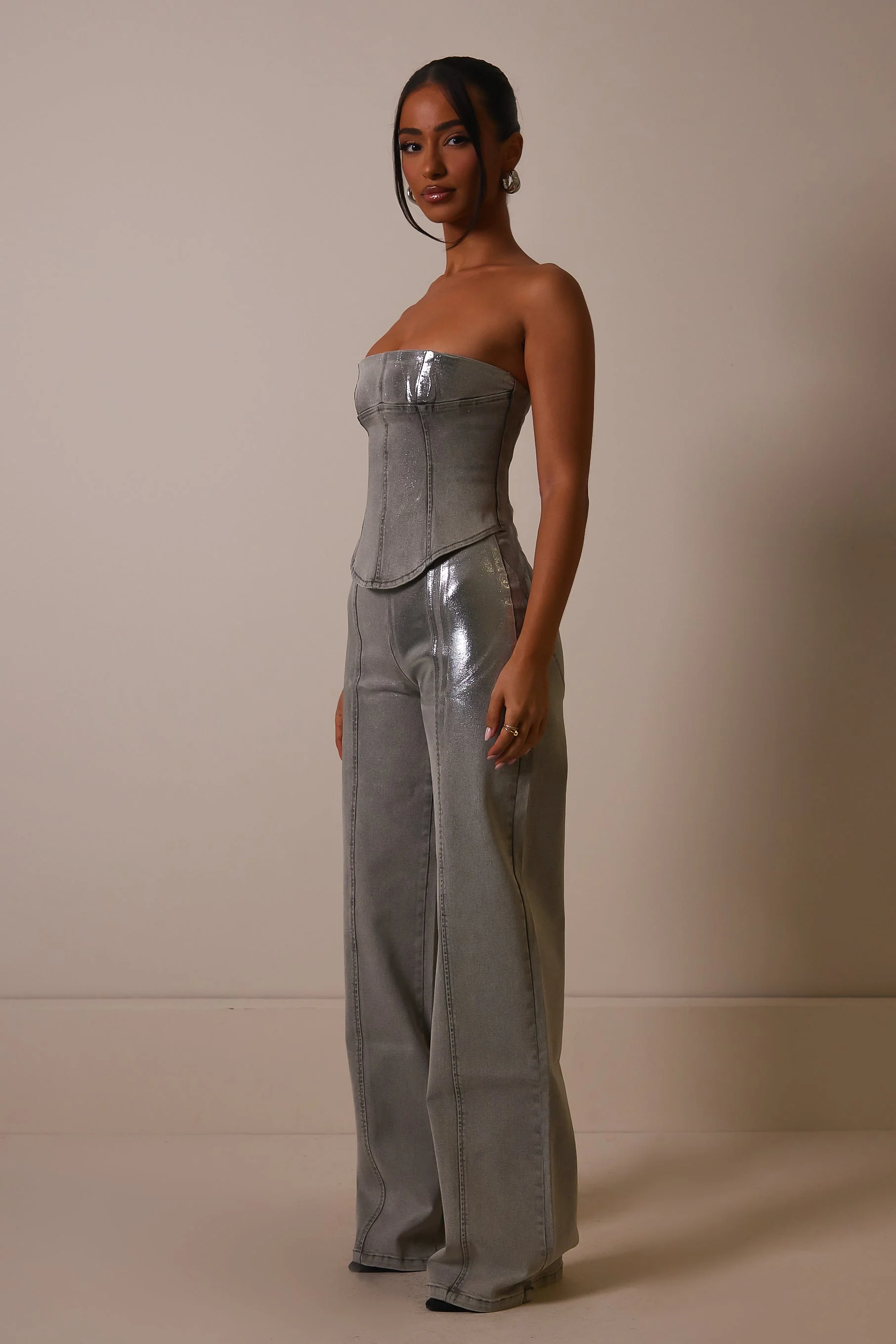 The Silver Detail Distress Denim Corset in Grey Wash - Image 5
