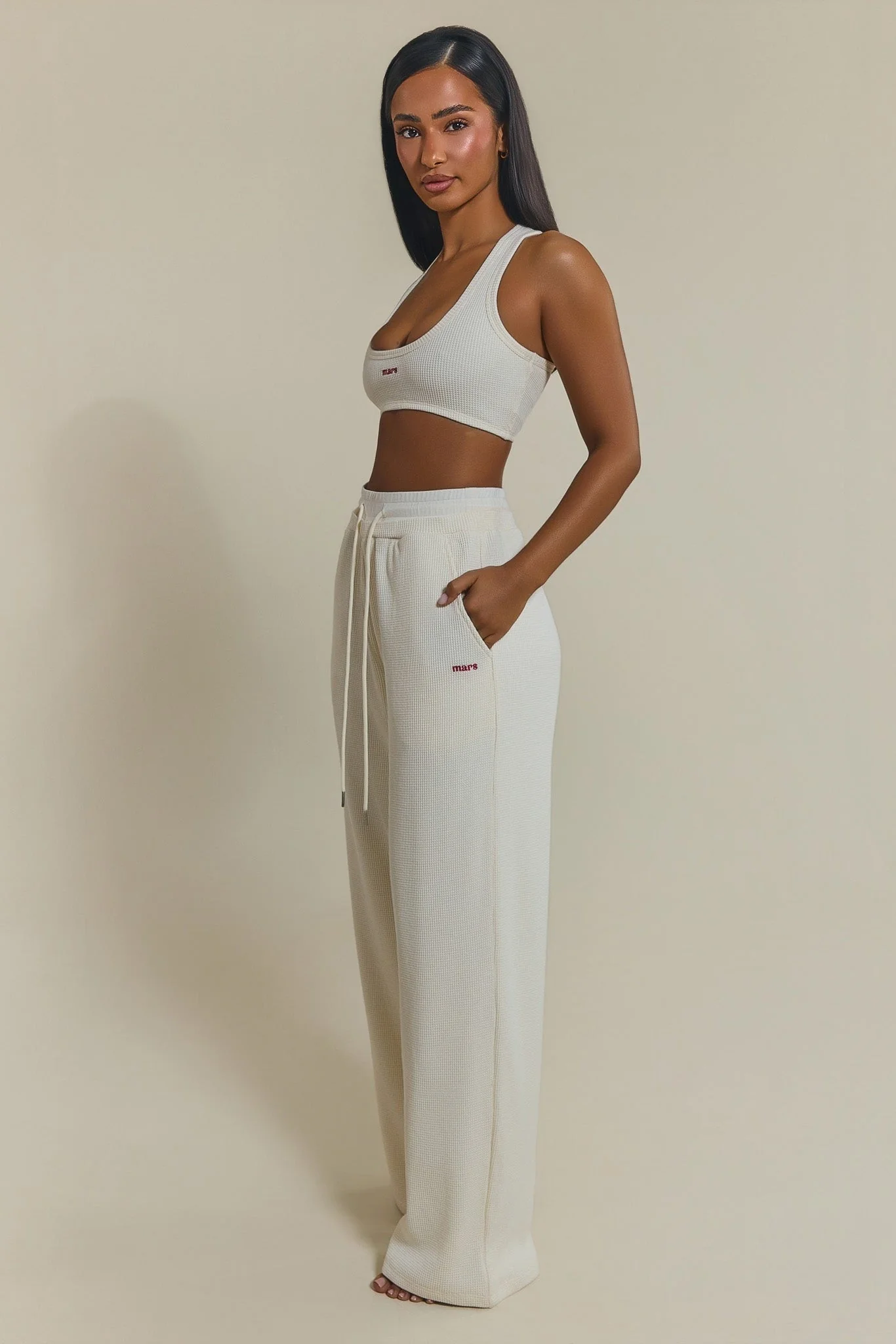 The Waffle Oversized Wide Leg Joggers in Cream - Image 3